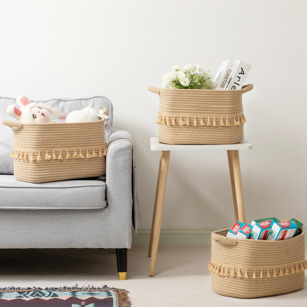 TeoKJ storage basket tassel detail adds decorative charm while concealing essentials.