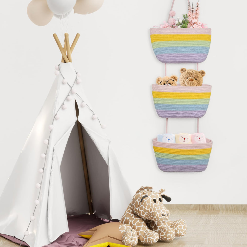 TeoKJ wall-mounted rainbow baskets add decor while reducing clutter