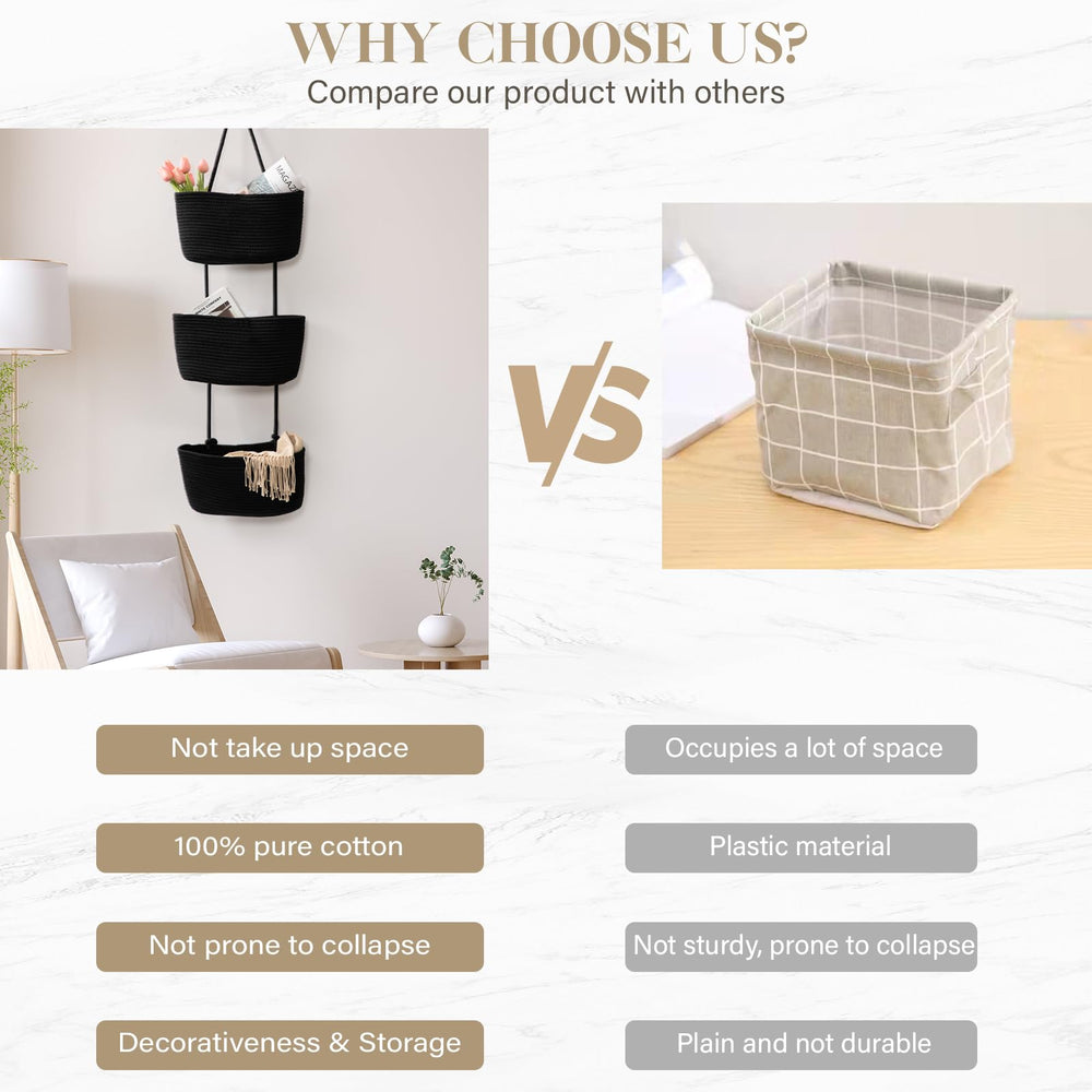 TeoKJ rope baskets with wall hooks create a stylish clutter-free display.