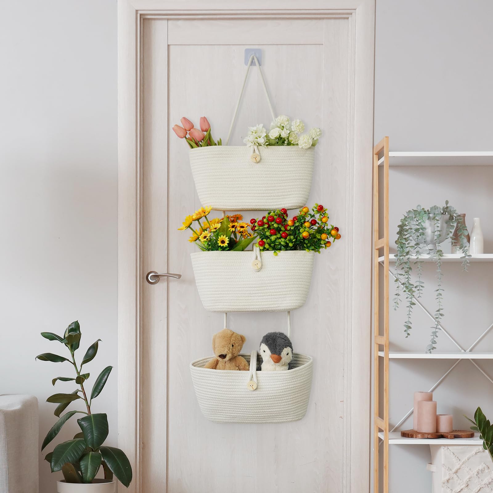 TeoKJ white cotton hanging baskets brighten any room and add versatile storage.