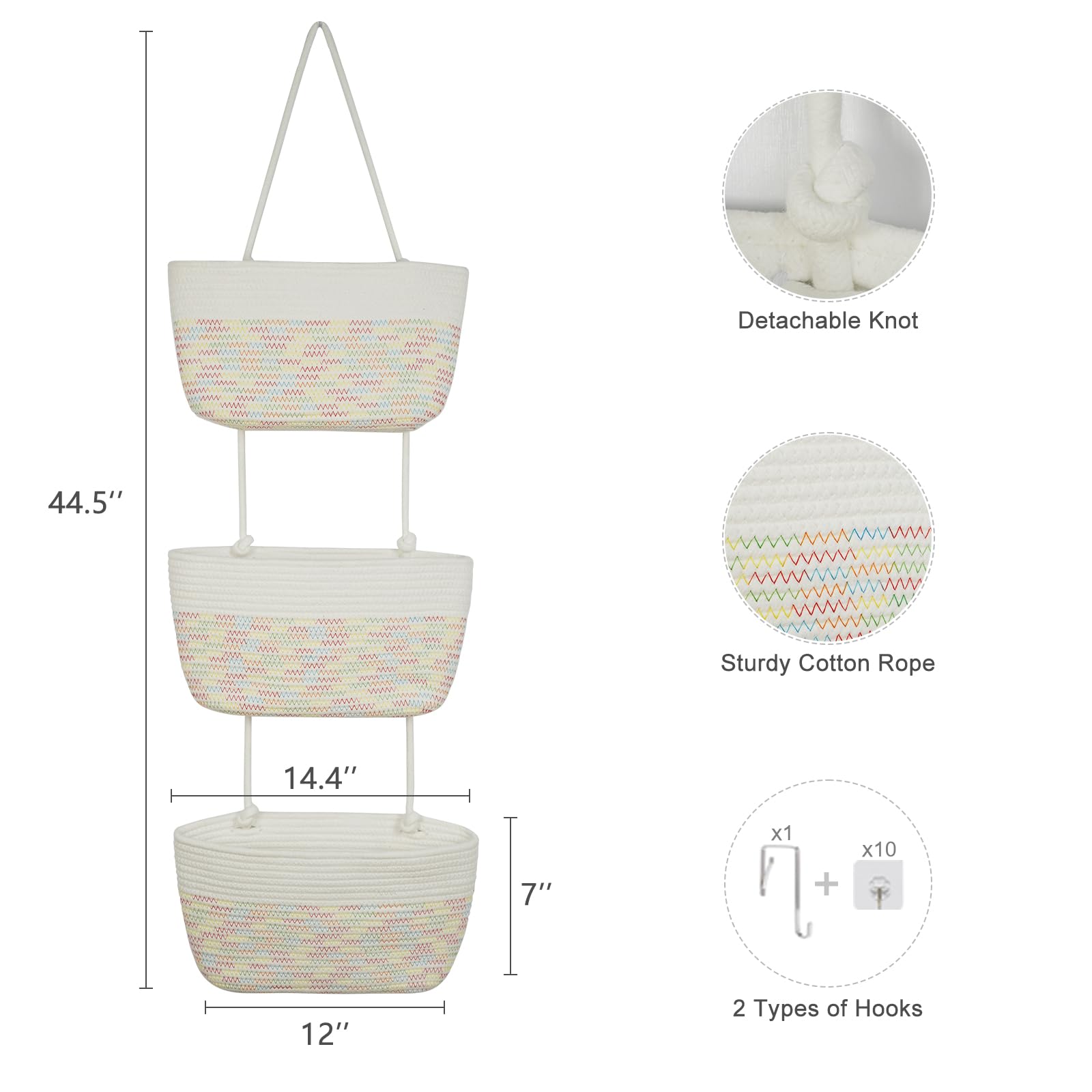 TeoKJ white baskets with rainbow stitching organize toys in a nursery.