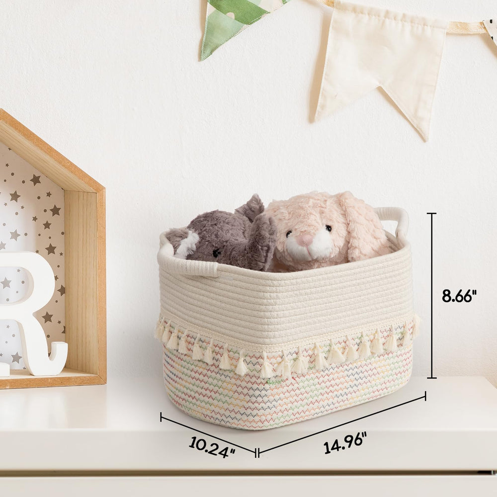 TeoKJ stitches rainbow basket on display, adding colorful charm while keeping toys organized.