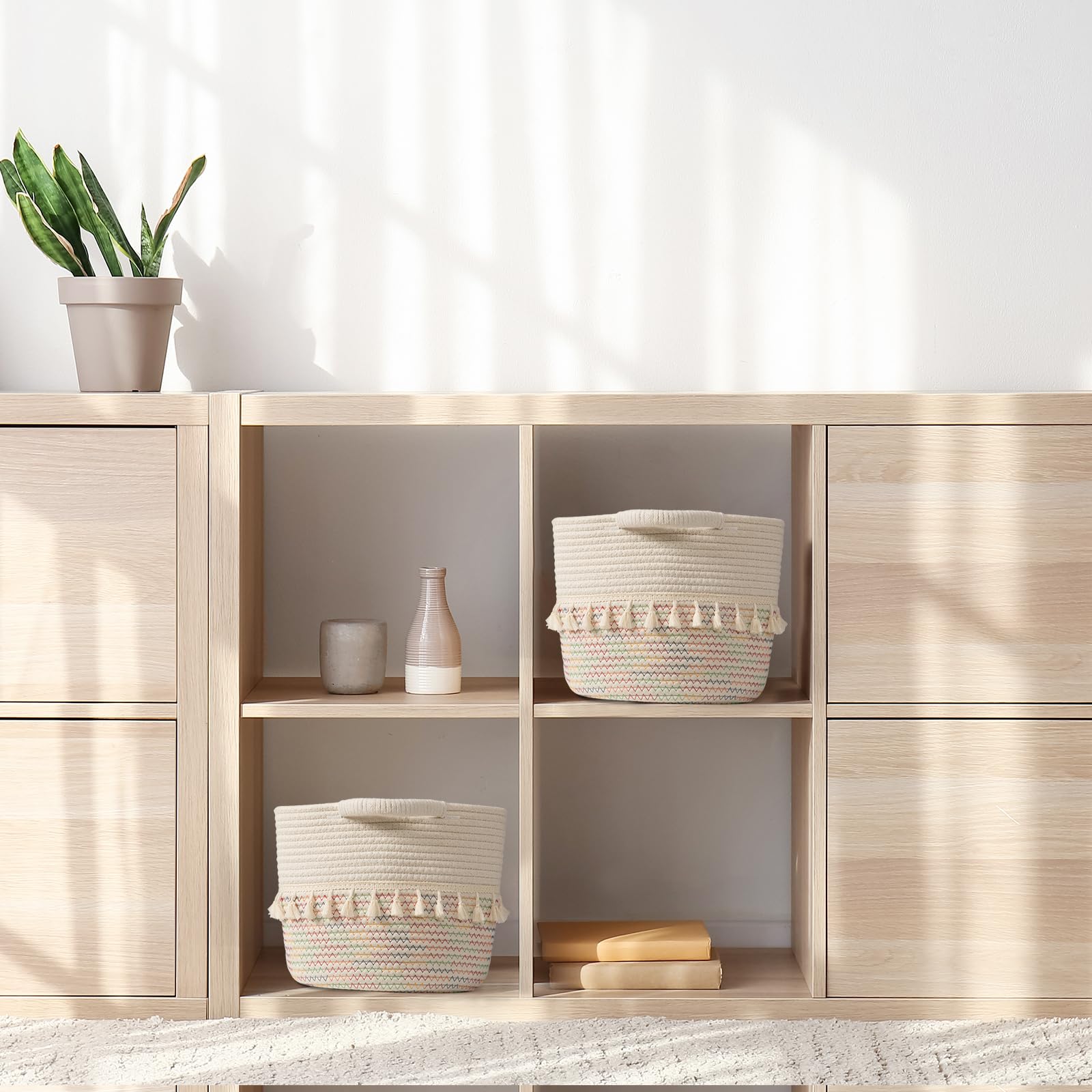 TeoKJ white-gray basket shown in shelf arrangement for neat storage.