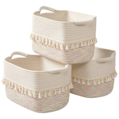 TeoKJ woven basket with white handles for versatile living room storage and tidiness.