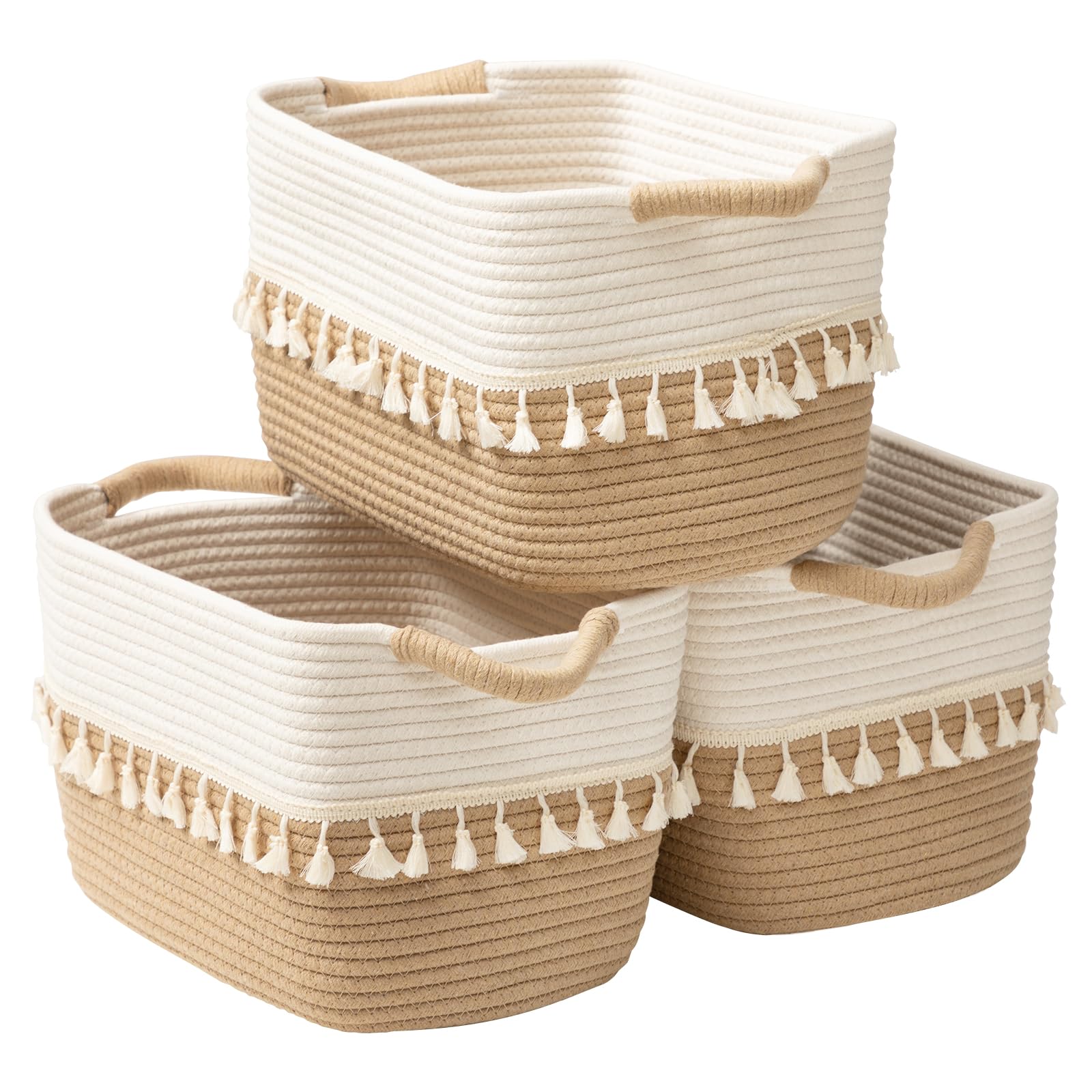 TeoKJ woven storage bin set of 3 in white and jute keeps blankets organized