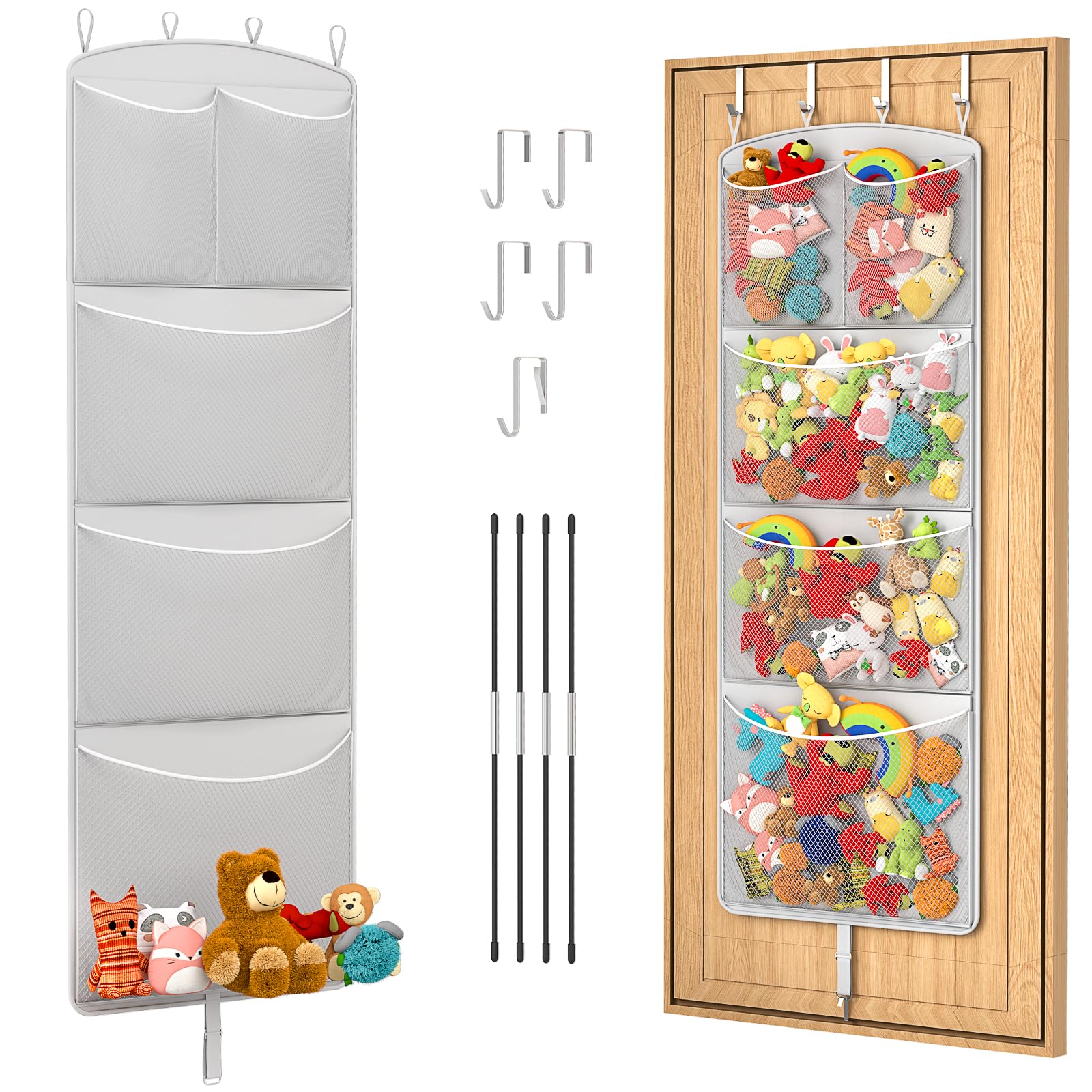 Teoon stuffed animal storage hammock over the door for easy toy access.