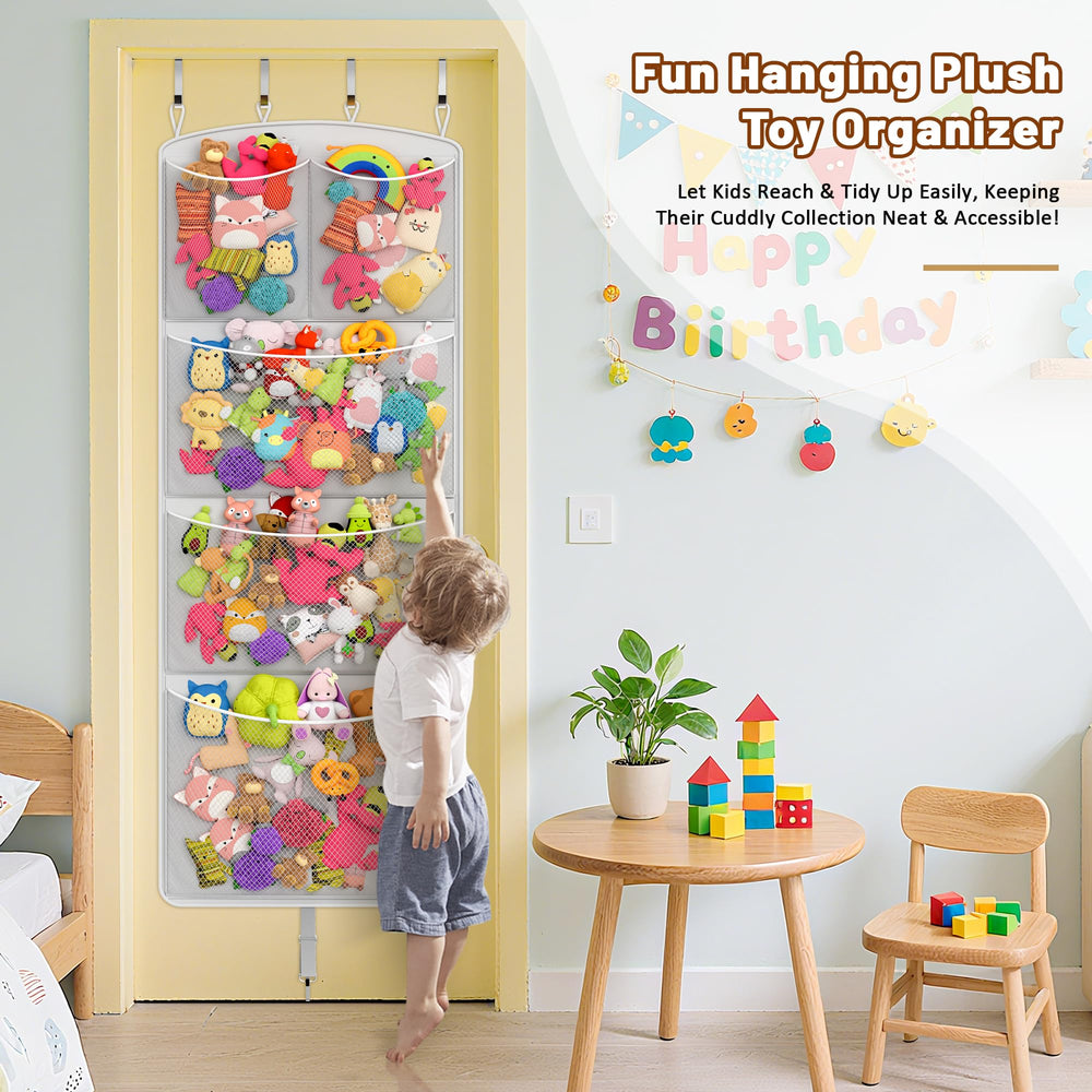 Teoon toy organizer hanging mesh net neatly contains plush toys.