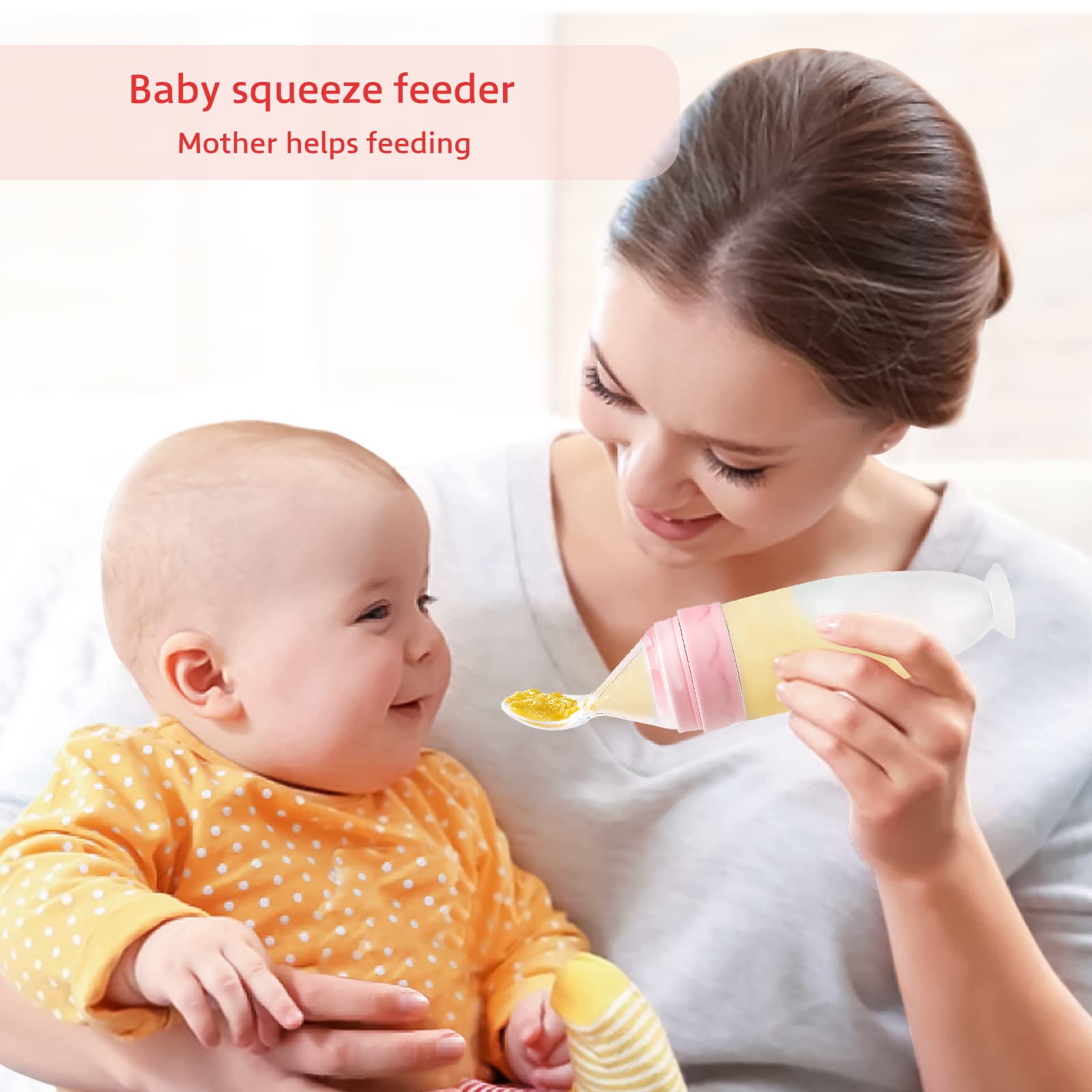Termichy squeeze feeder bottle with spoon in use, promoting one-handed feeding on the go.