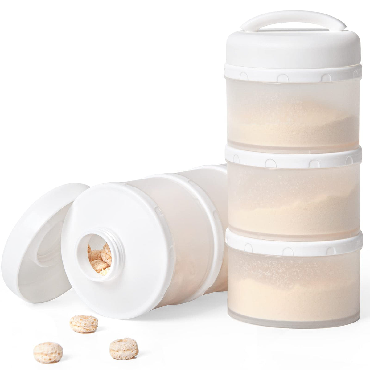 Termichy Stackable Dispenser with open-spout for spill-free formula pouring.