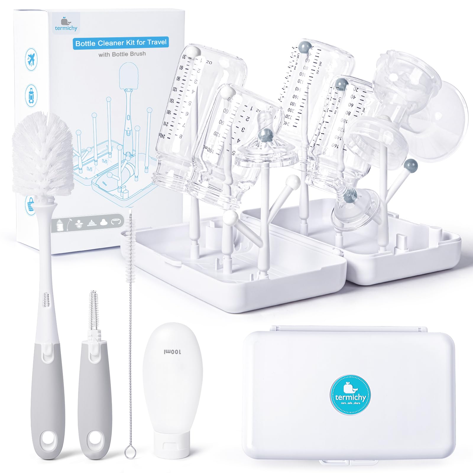 Termichy travel bottle cleaning kit with rotating brush in action for quick residue removal