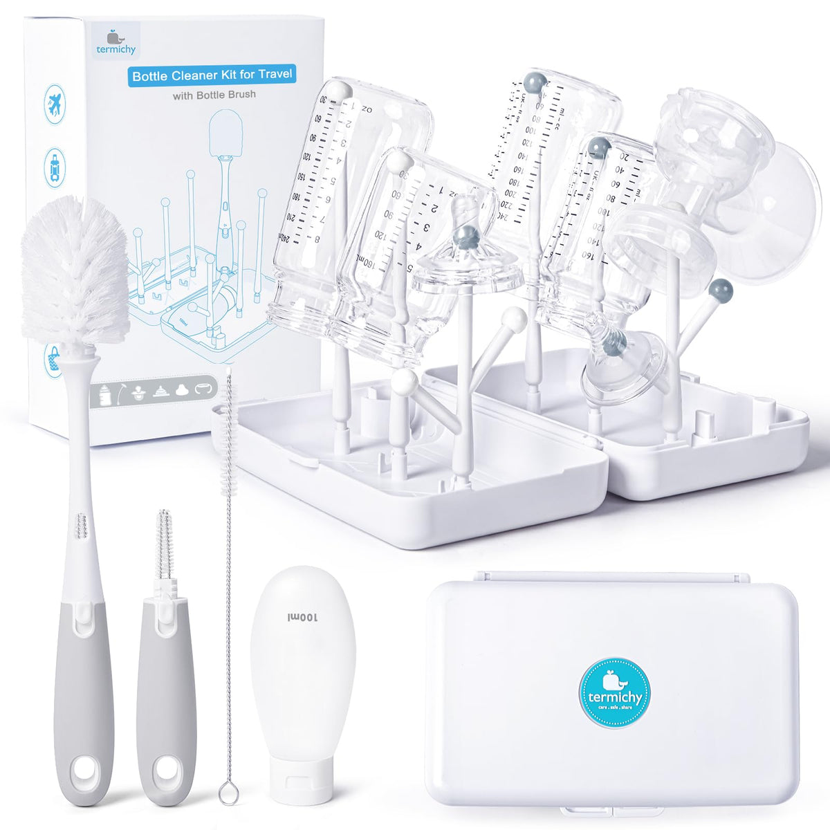 Termichy travel bottle cleaning kit with rotating brush in action for quick residue removal