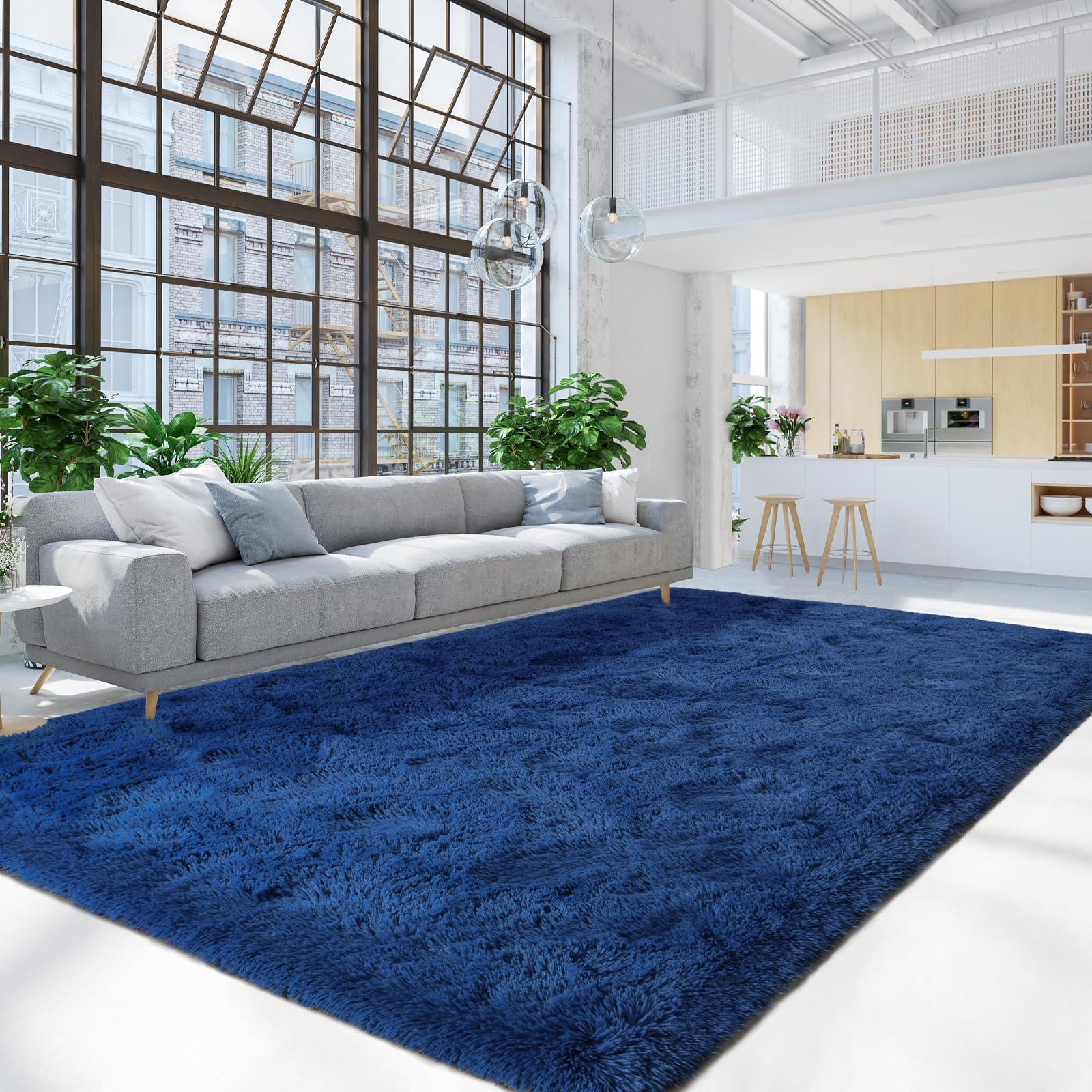 Terrug Light Navy Fluffy Rug 6x9 in a cozy living room.