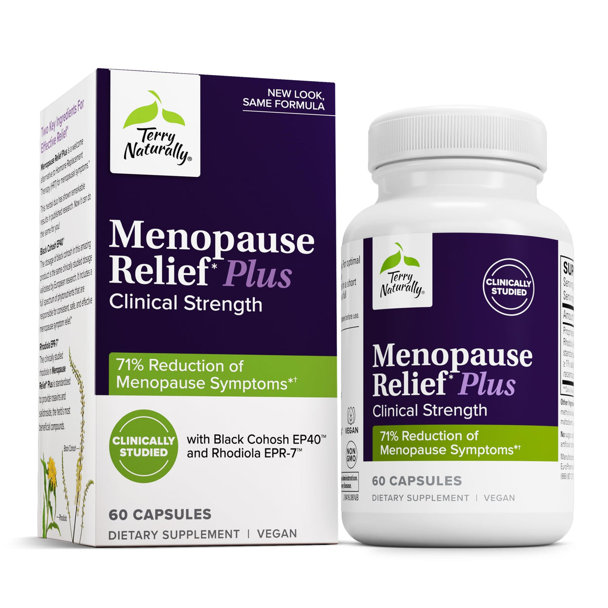 Terry Naturally Menopause Relief Plus bottle for daily fatigue and mood support.