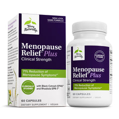 Terry Naturally Menopause Relief Plus bottle for daily fatigue and mood support.