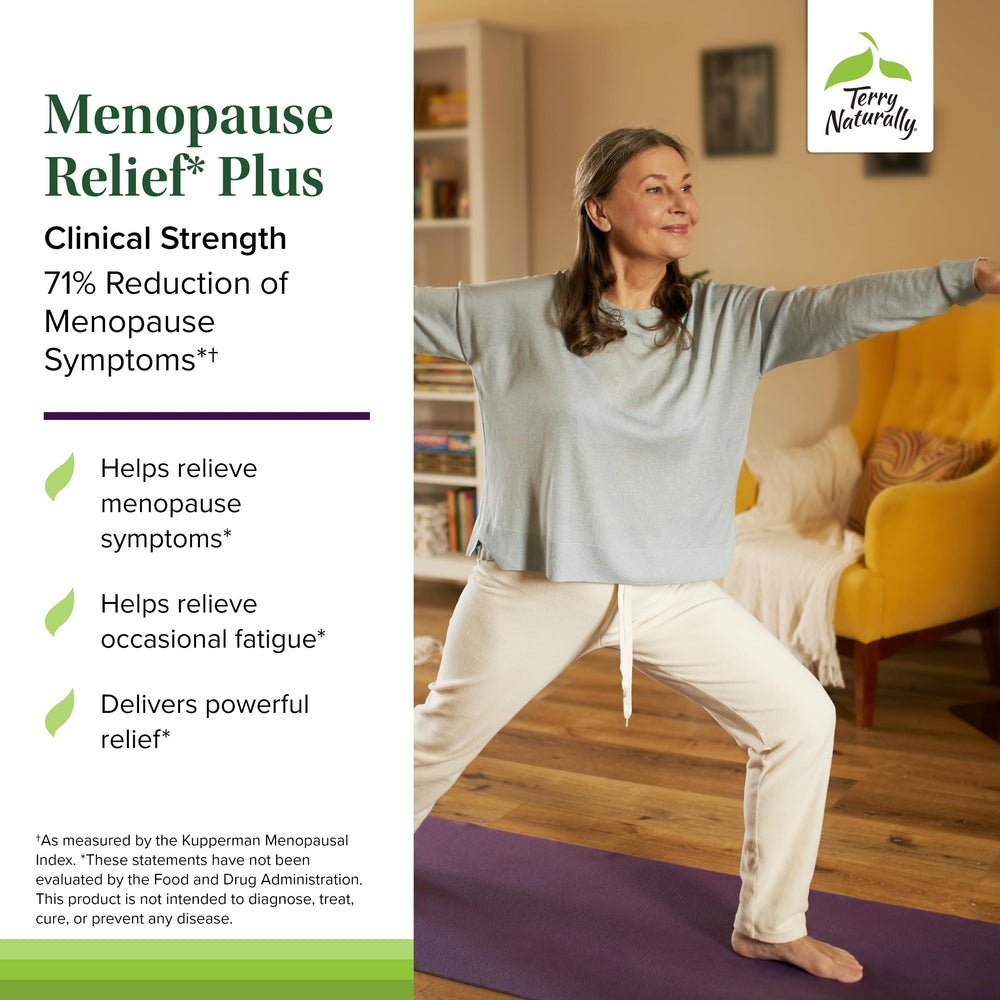 Terry Naturally Menopause Relief Plus label highlighting allergen-free and non-GMO status.
