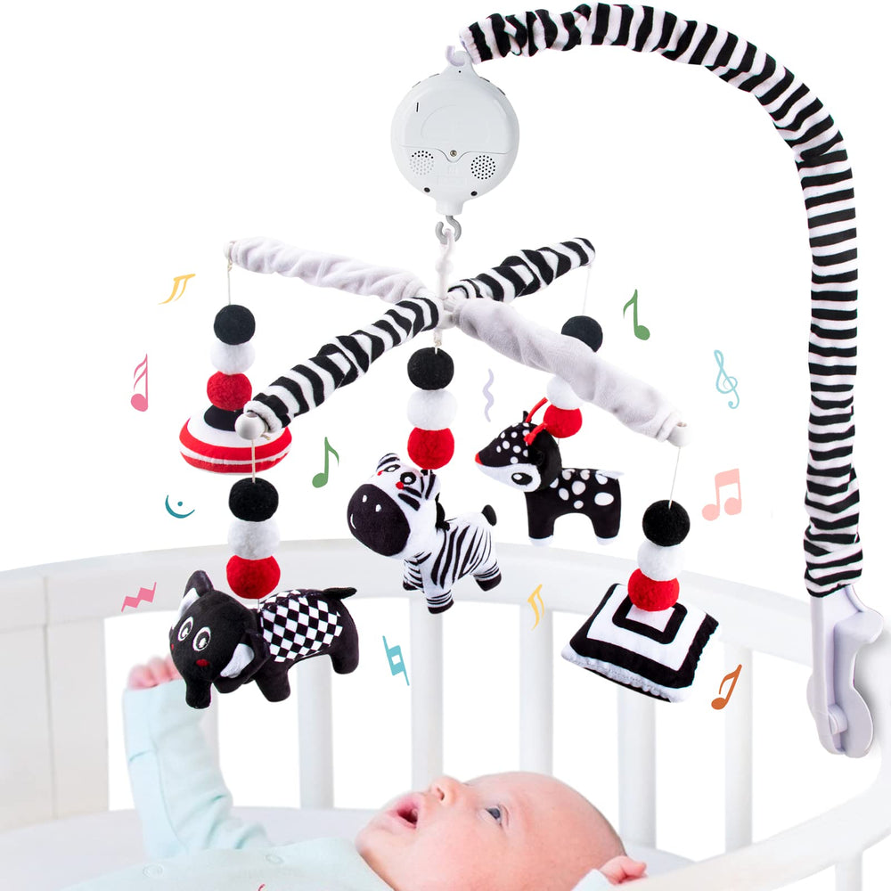 teytoy My First Baby Crib Mobile above crib with overhead high-contrast visuals.