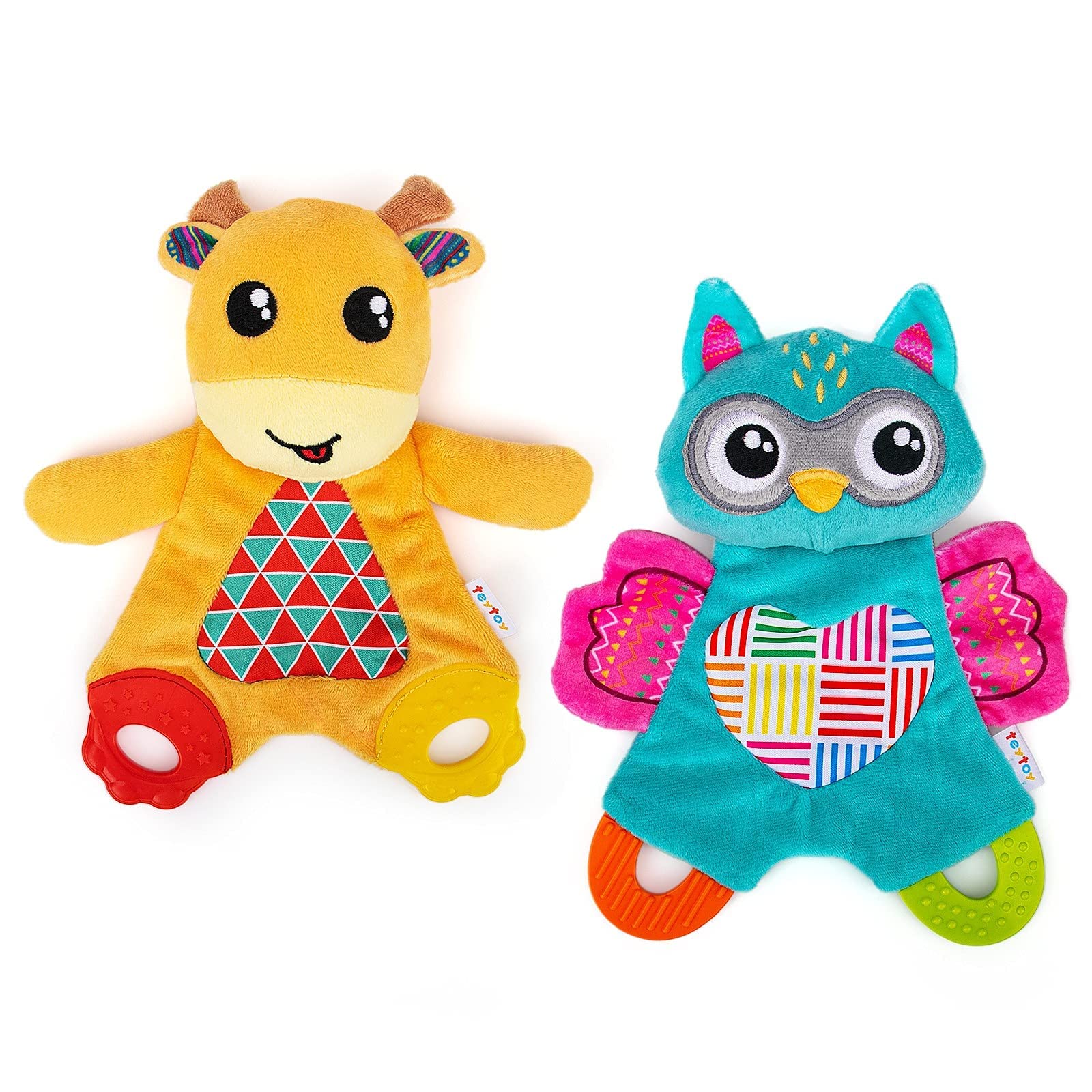 Teytoy Owl crinkle teether engages baby with calming textures for play.
