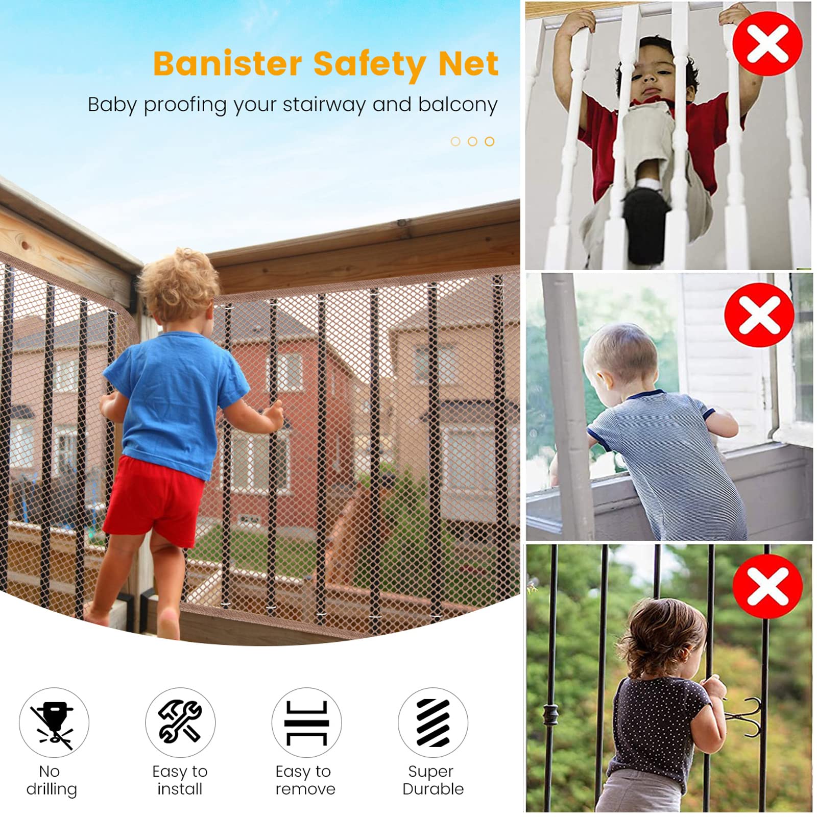 TEZONG banister stairs guard mesh net provides a safe play area for kids and pets.