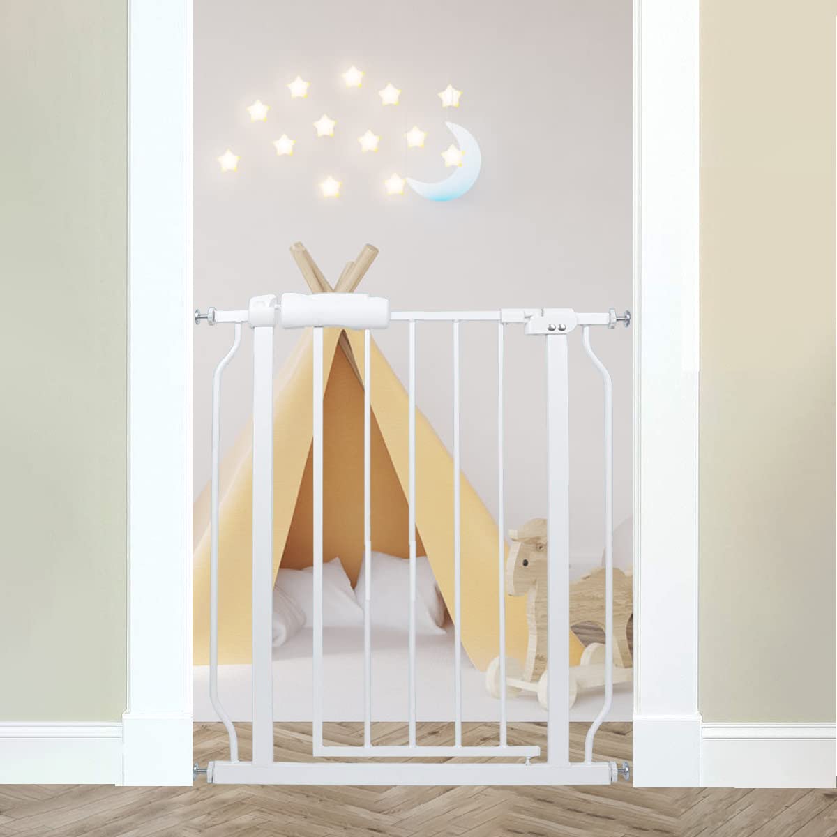 Thasamm narrow baby gate adjusting width for stairs and doorways, easy one-handed use.