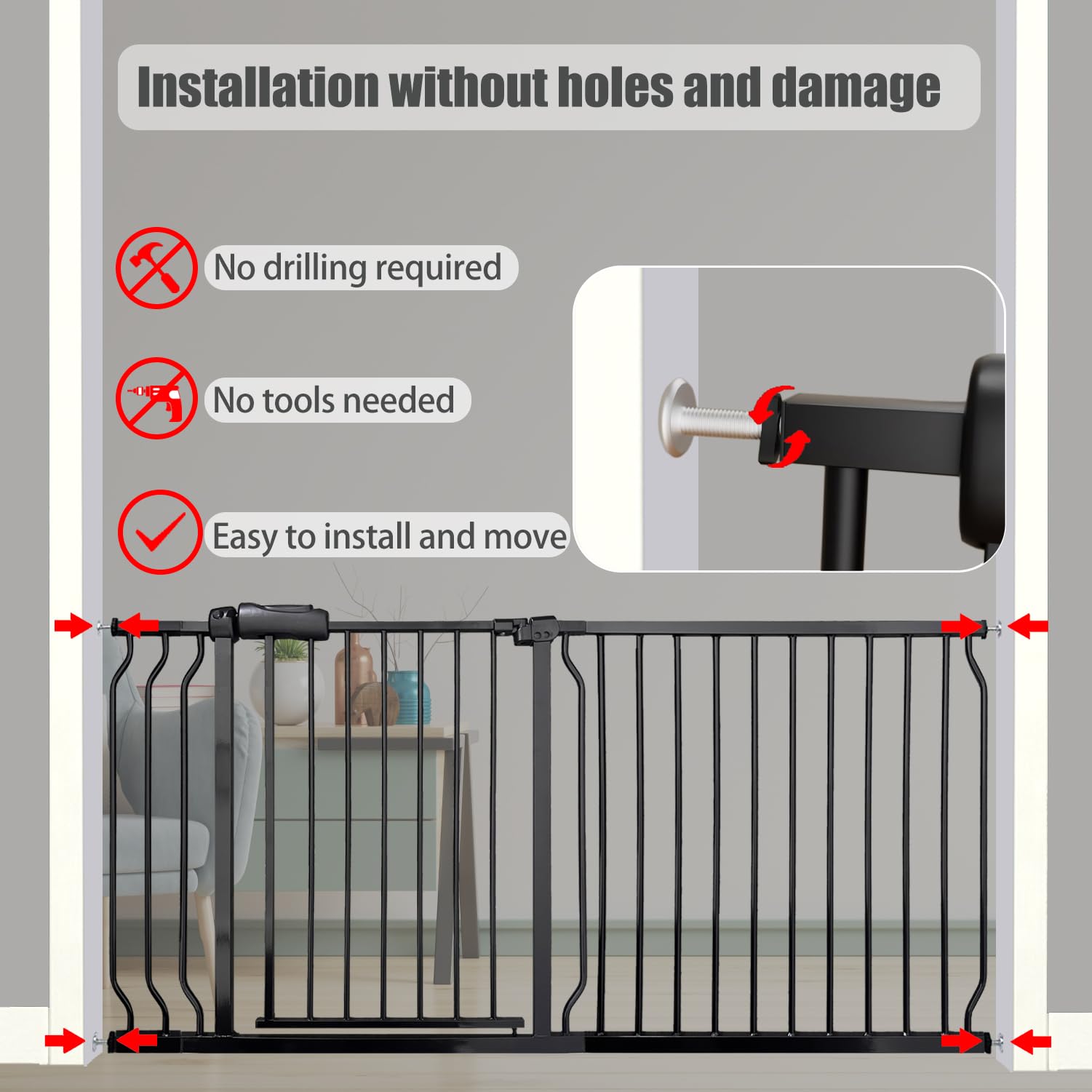 Thasamm walk-through gate installs without tools for quick setup.
