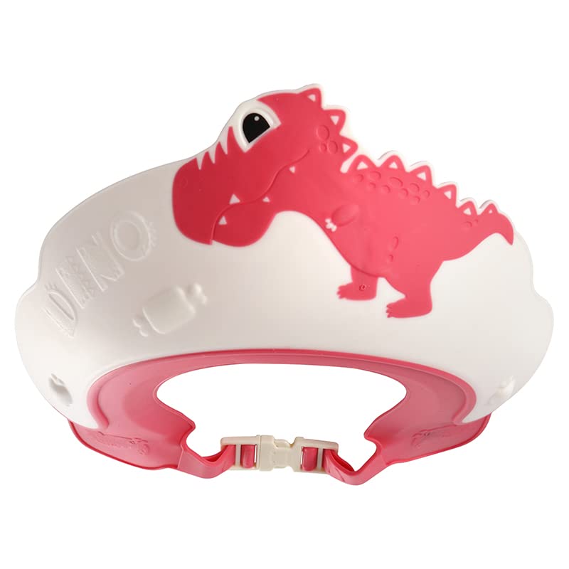 Thcbme dinosaur shower cap front view shields eyes and keeps hair dry during baths.