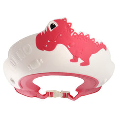 Thcbme dinosaur shower cap front view shields eyes and keeps hair dry during baths.