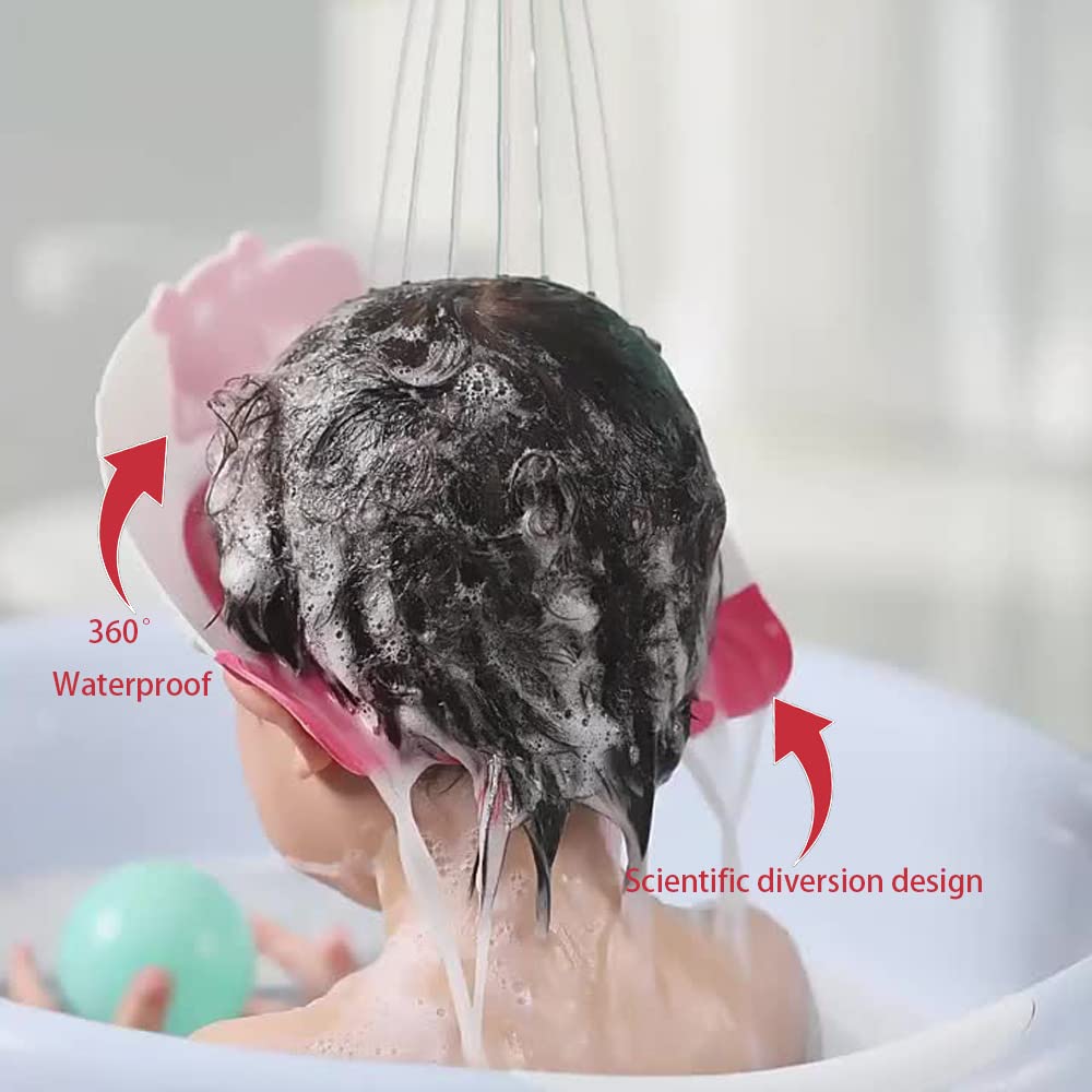 Thcbme shower cap worn on child illustrates hands-free splash shielding.