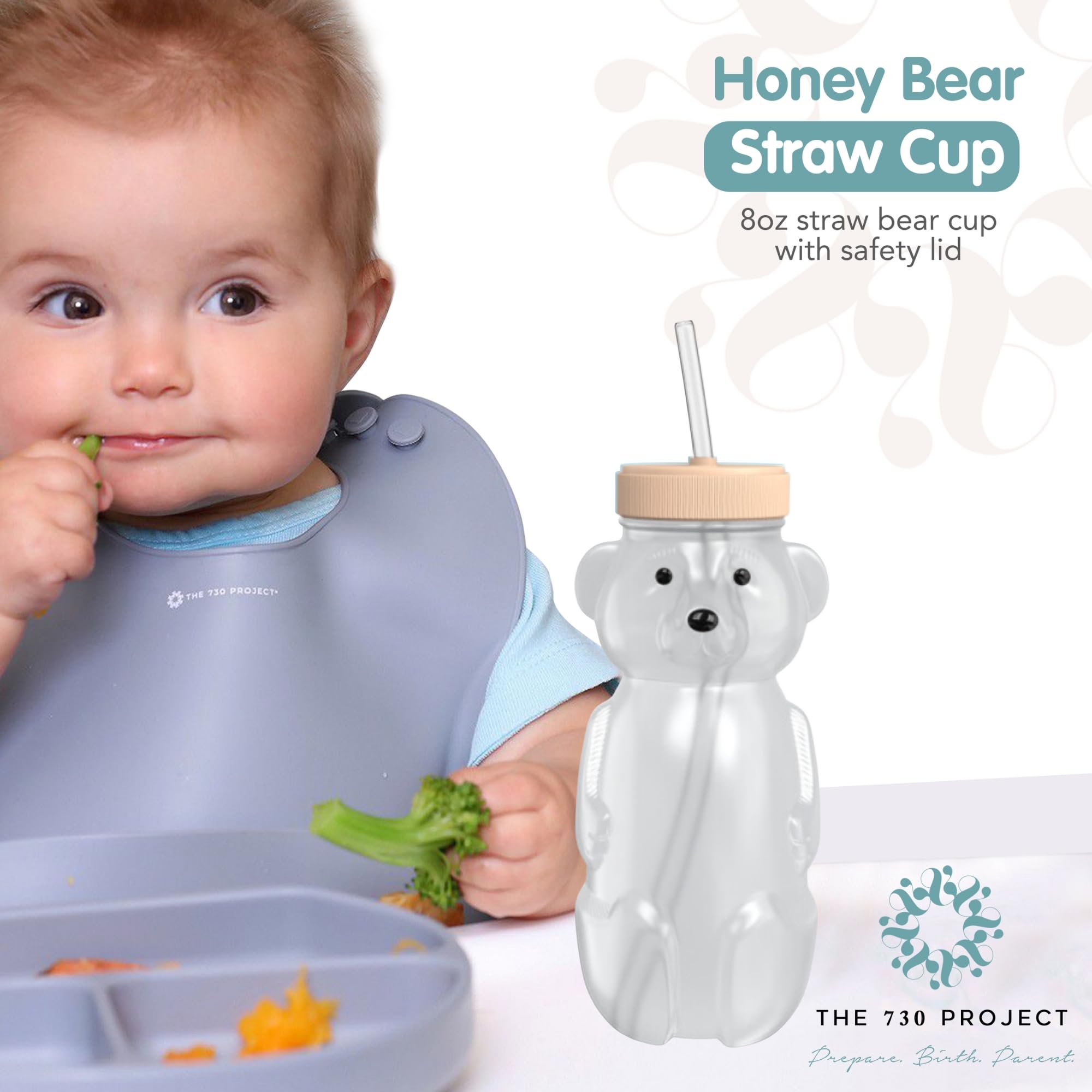 The 730 Project Honey Bear Cup spill-proof design keeps liquids contained during travel.