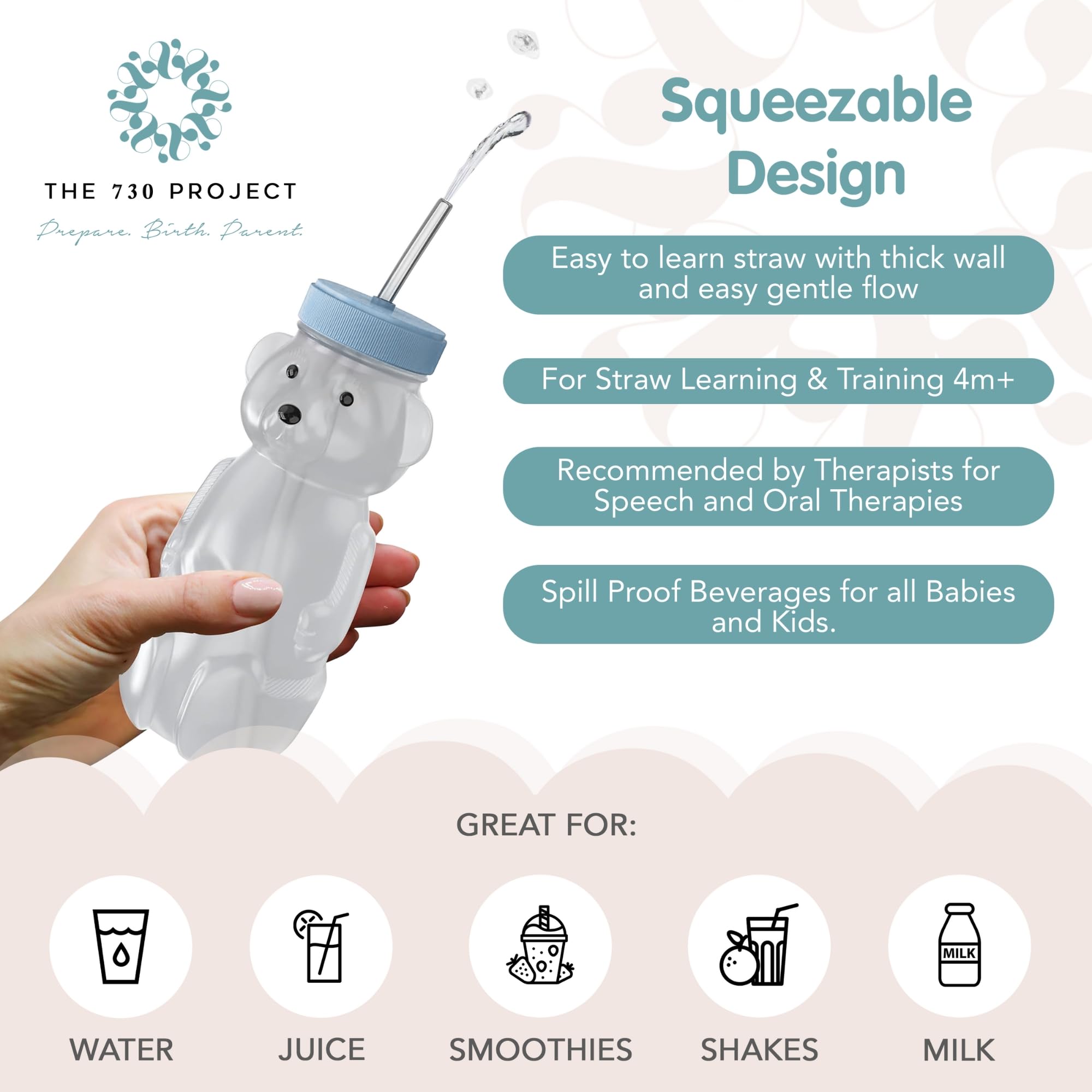 The 730 Project Honey Bear cup is BPA-free and dishwasher safe for busy families.