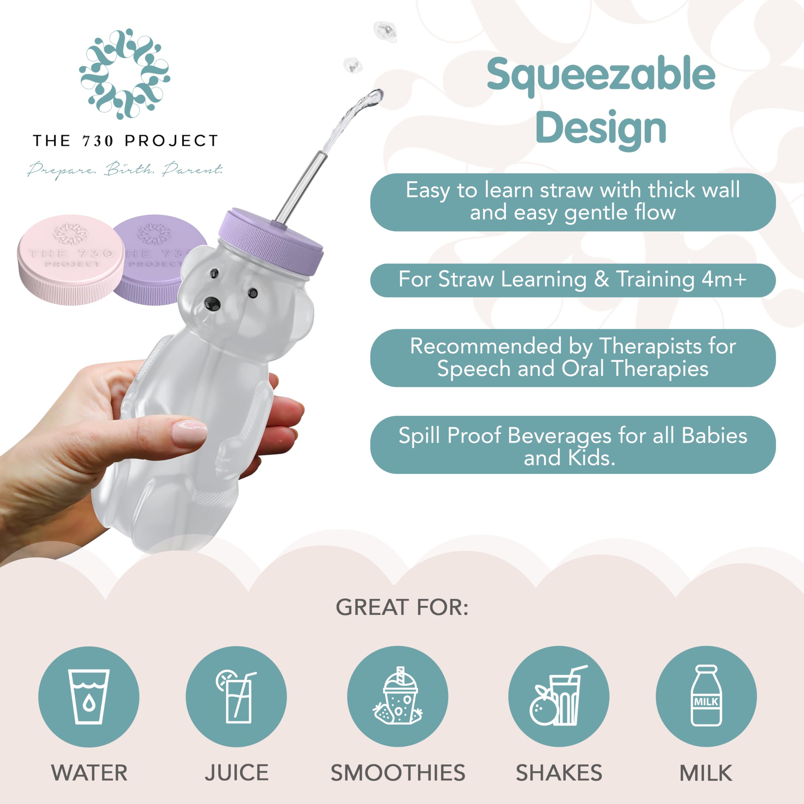The 730 Project Honey Bear straw closeup highlighting flexible sip and gentle flow