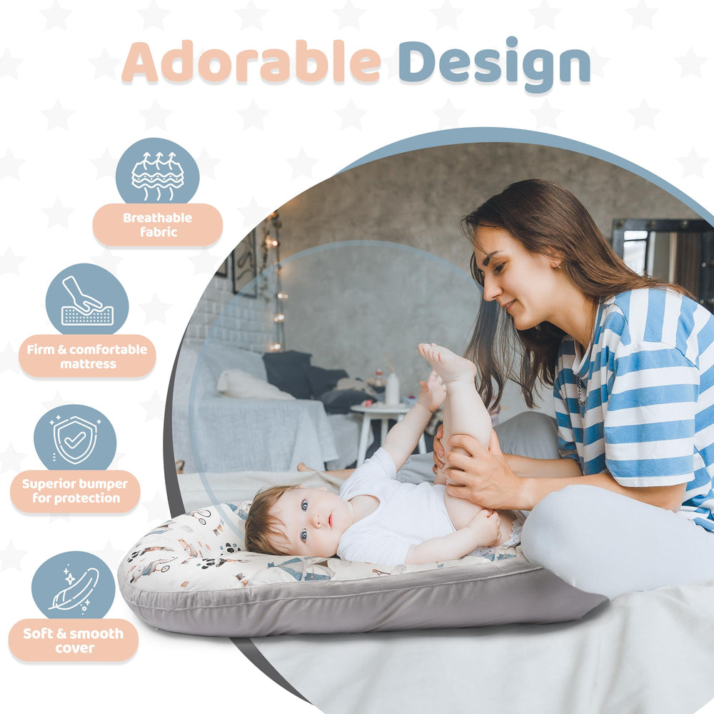 The Baby Room lounger shown for home use and travel portability