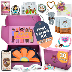 The Bloom first period kit blue storage bag keeps school supplies organized.