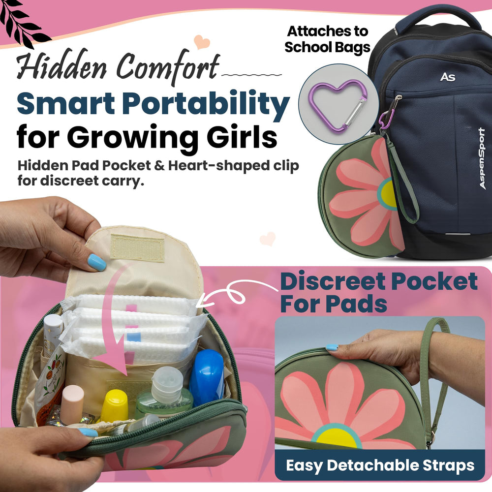 The Bloom first period kit pouch open reveals organized pockets for quick access