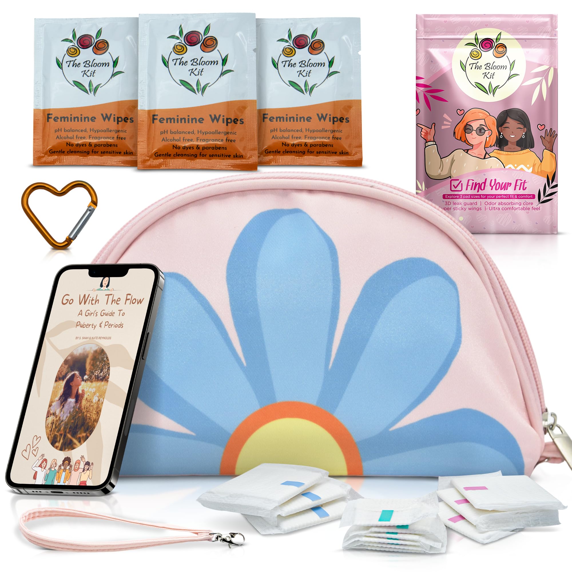 The Bloom pink bag with the first-period kit for portable school-ready storage