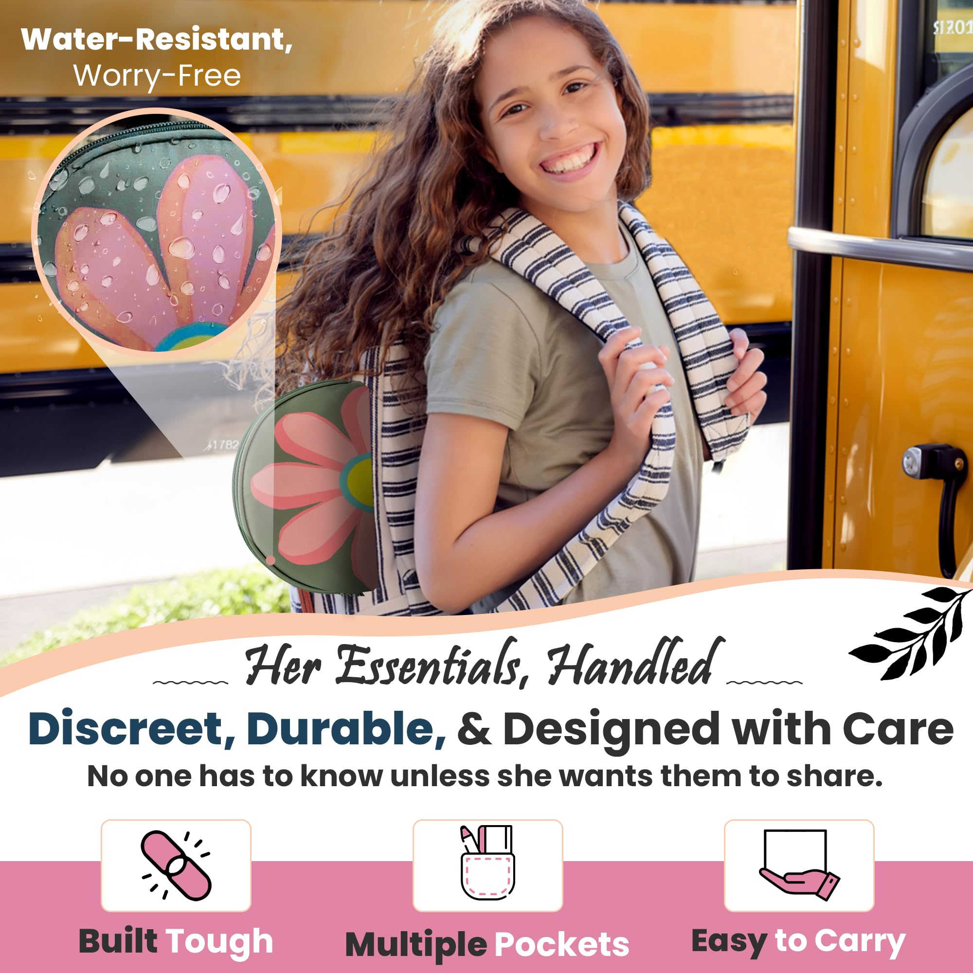 The Bloom period kit waterproof material protects contents from spills and rain