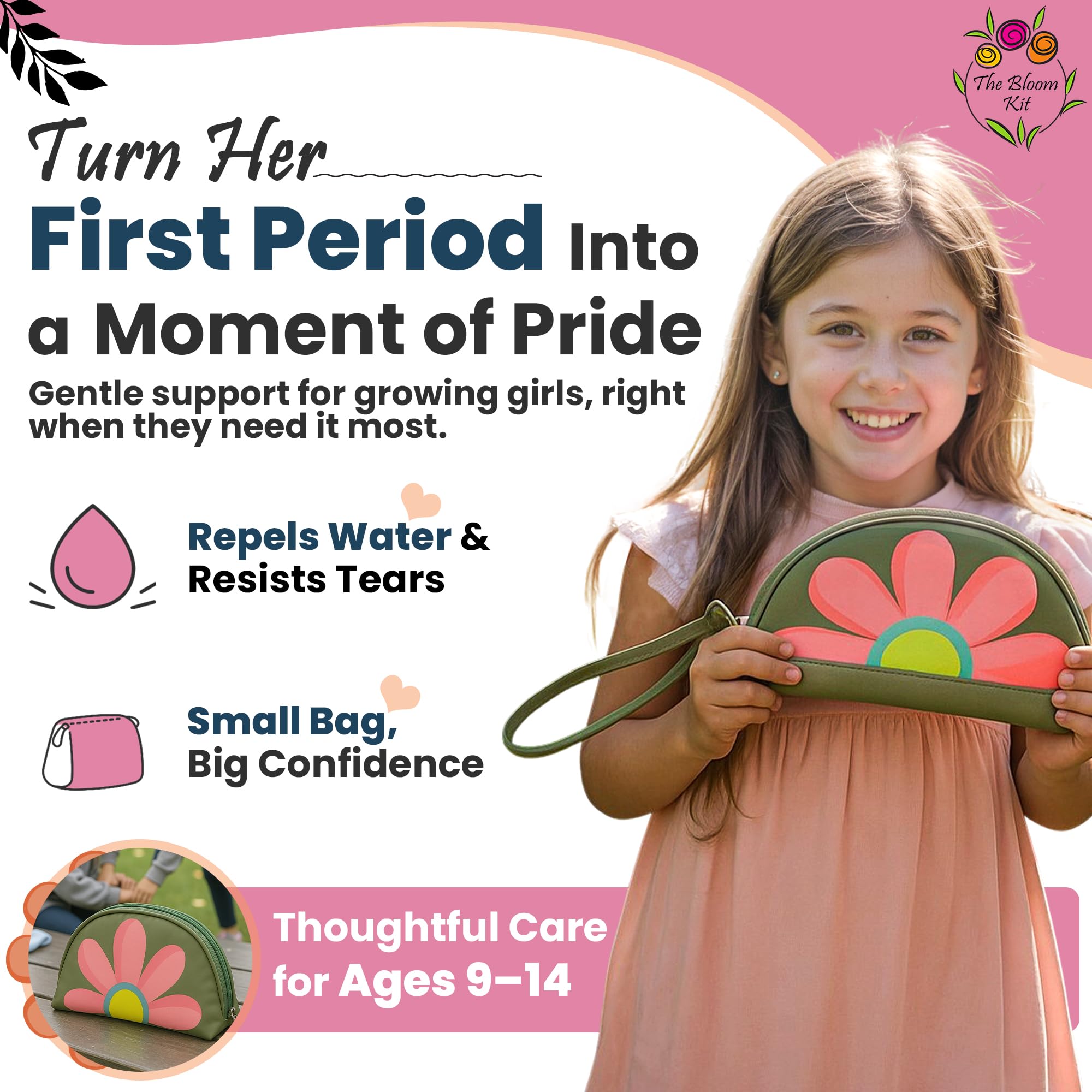 The Bloom period storage bag discreet compartment keeps pads hidden and tidy