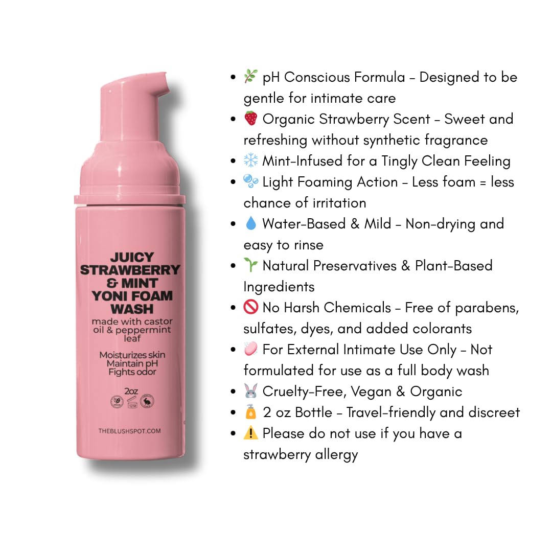 The Blush Spot Strawberry Foaming Wash bottle front showing compact travel size.