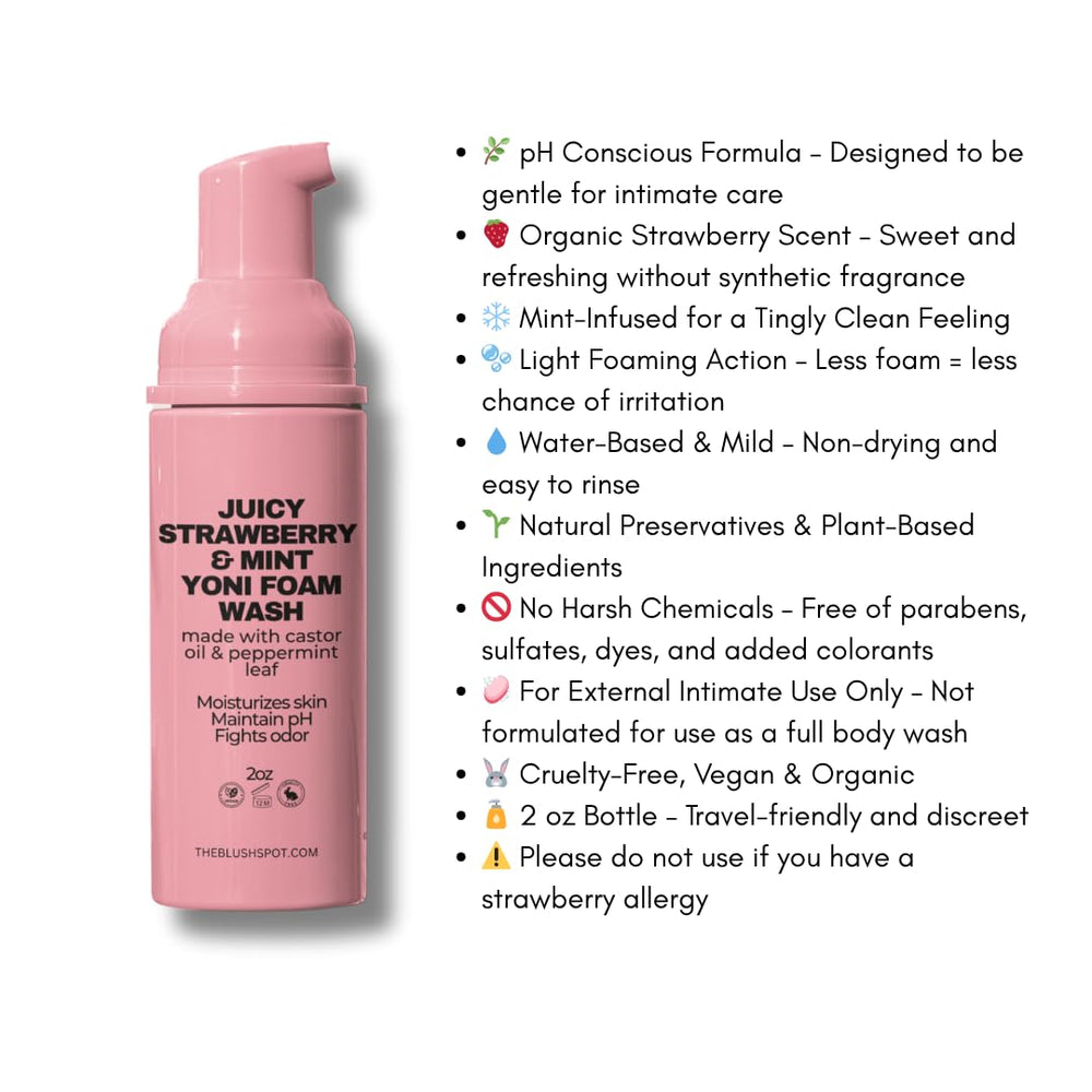 The Blush Spot Strawberry Foaming Wash bottle front showing compact travel size.