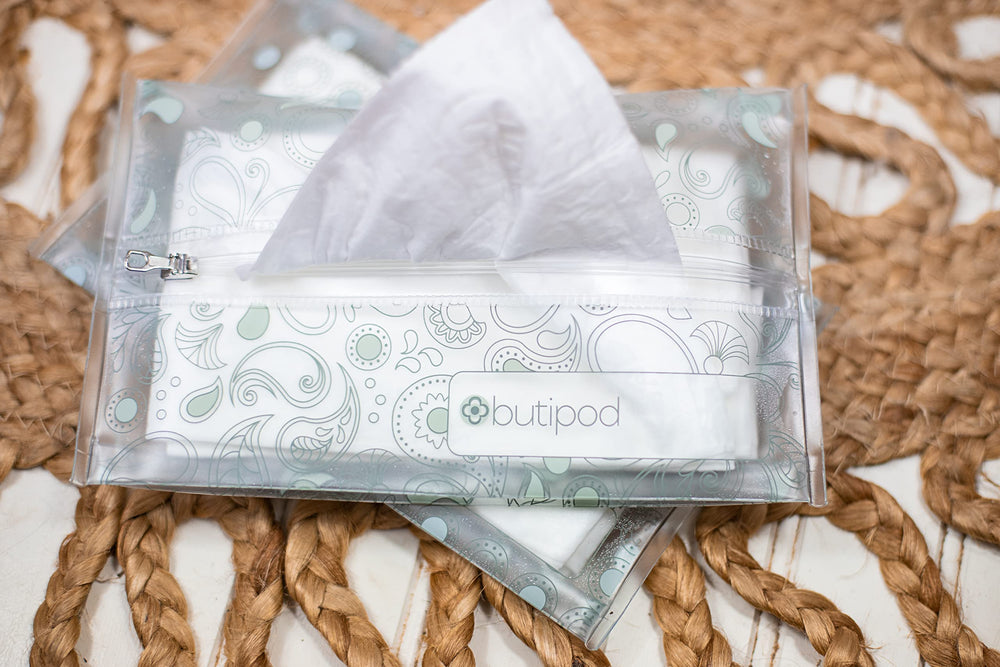 The Buti-Bag Co translucent wipe case with center zipper for easy access.
