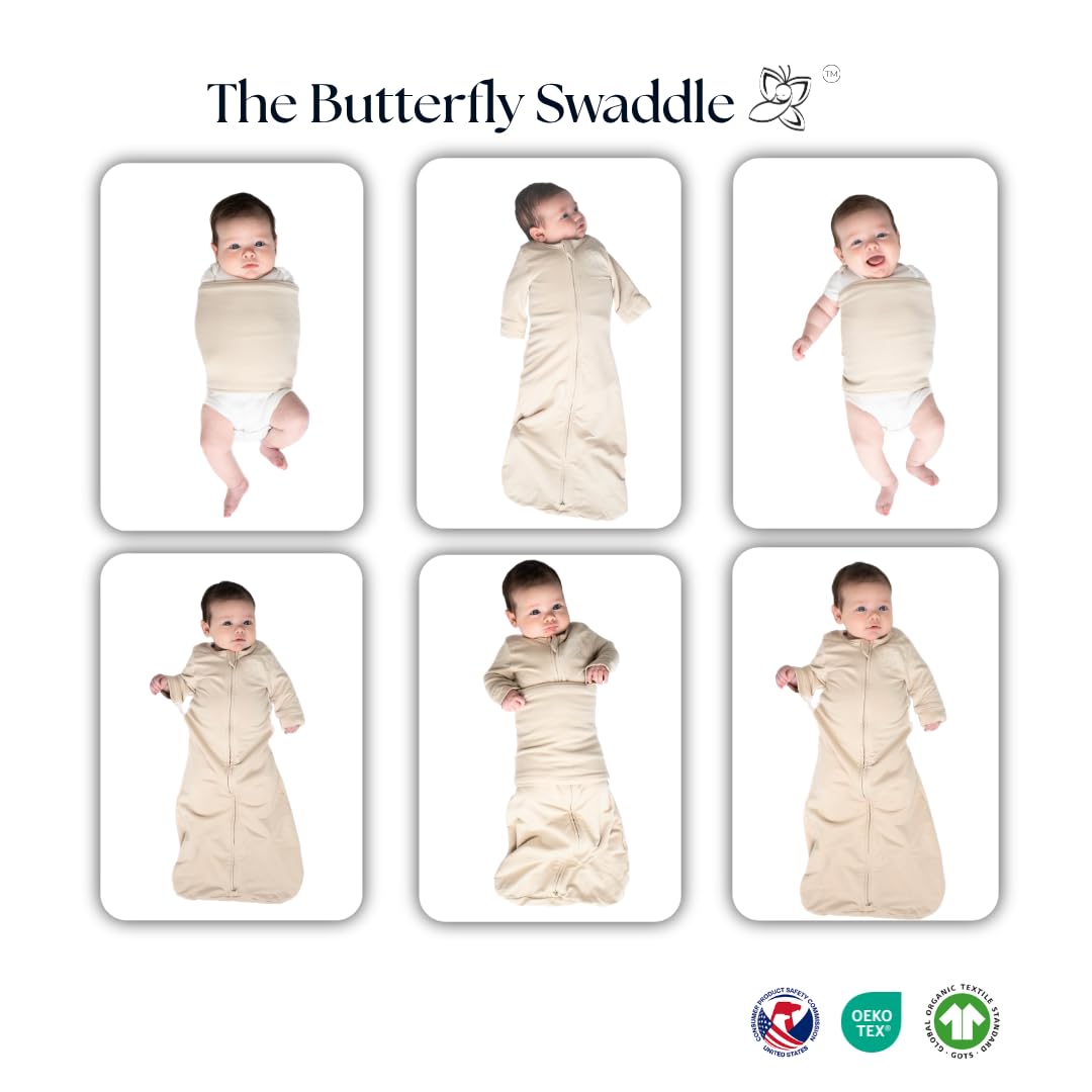 The Butterfly Swaddle cradles a sleeping baby in bed for restful nights.