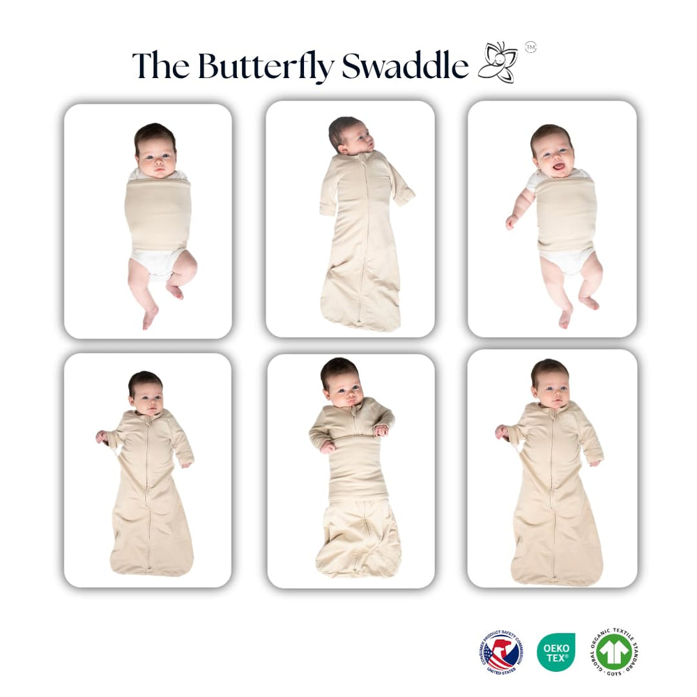 The Butterfly Swaddle cradles a sleeping baby in bed for restful nights.