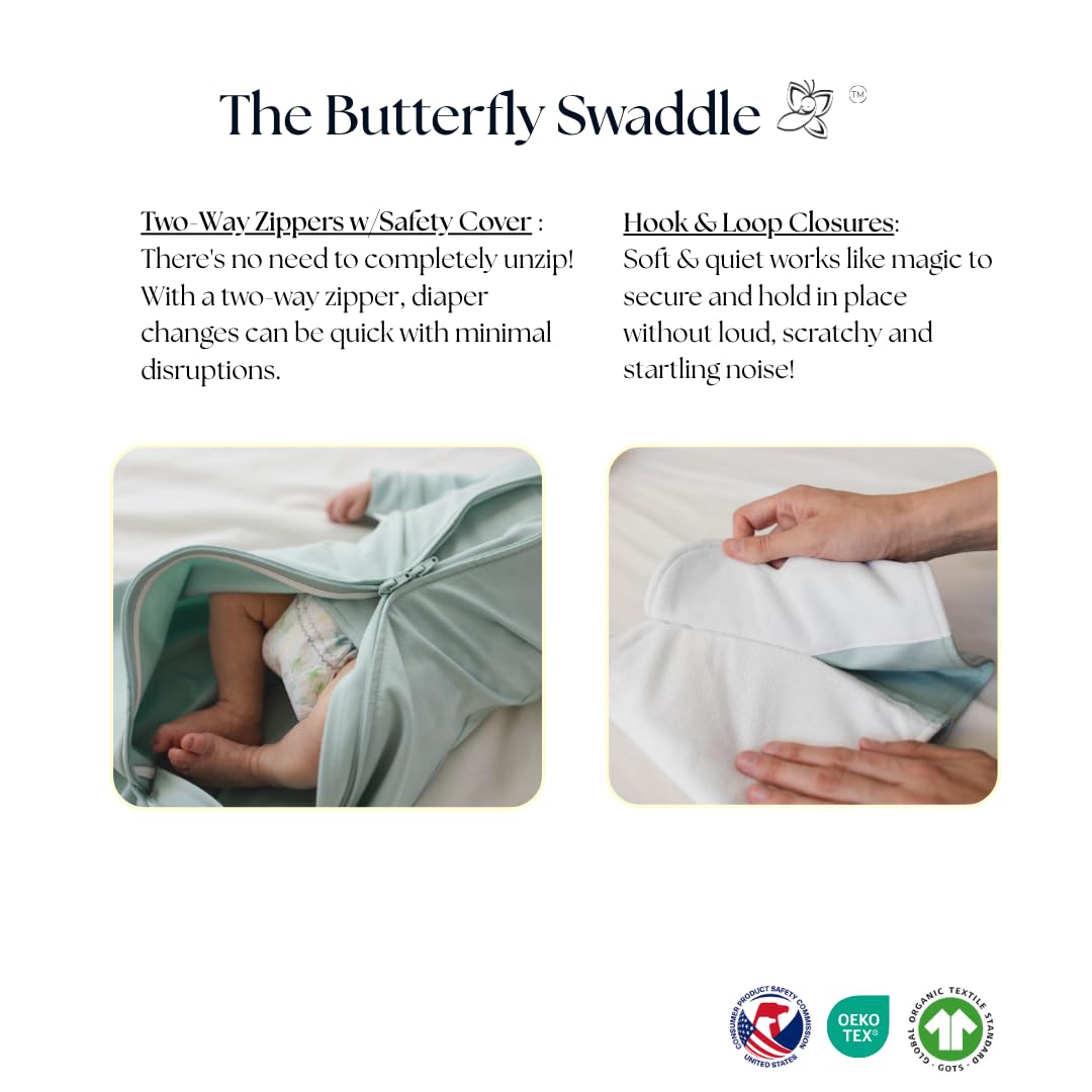 The Butterfly Swaddle detachable-wrap enables easy transition from swaddle to arms-free