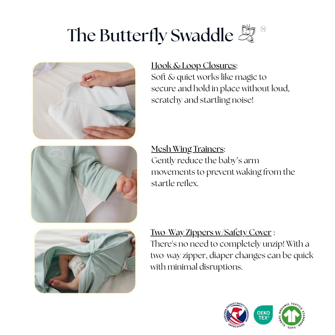 The Butterfly Swaddle two-way zipper allows easy diaper changes without waking baby.