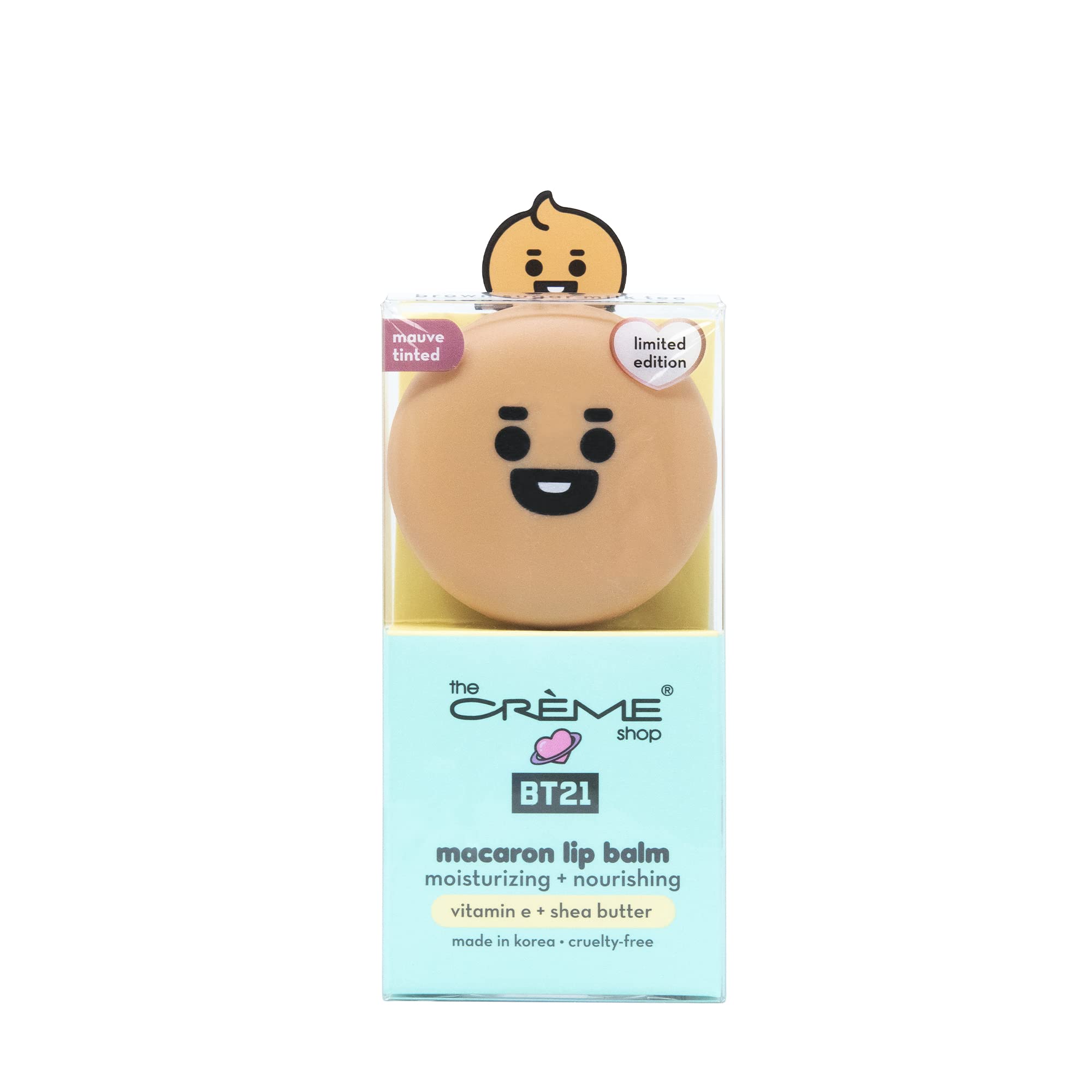 The Crème Shop BT21 Shooky lip balm packaging with Brown Sugar Milk Tea, hydration on the go.