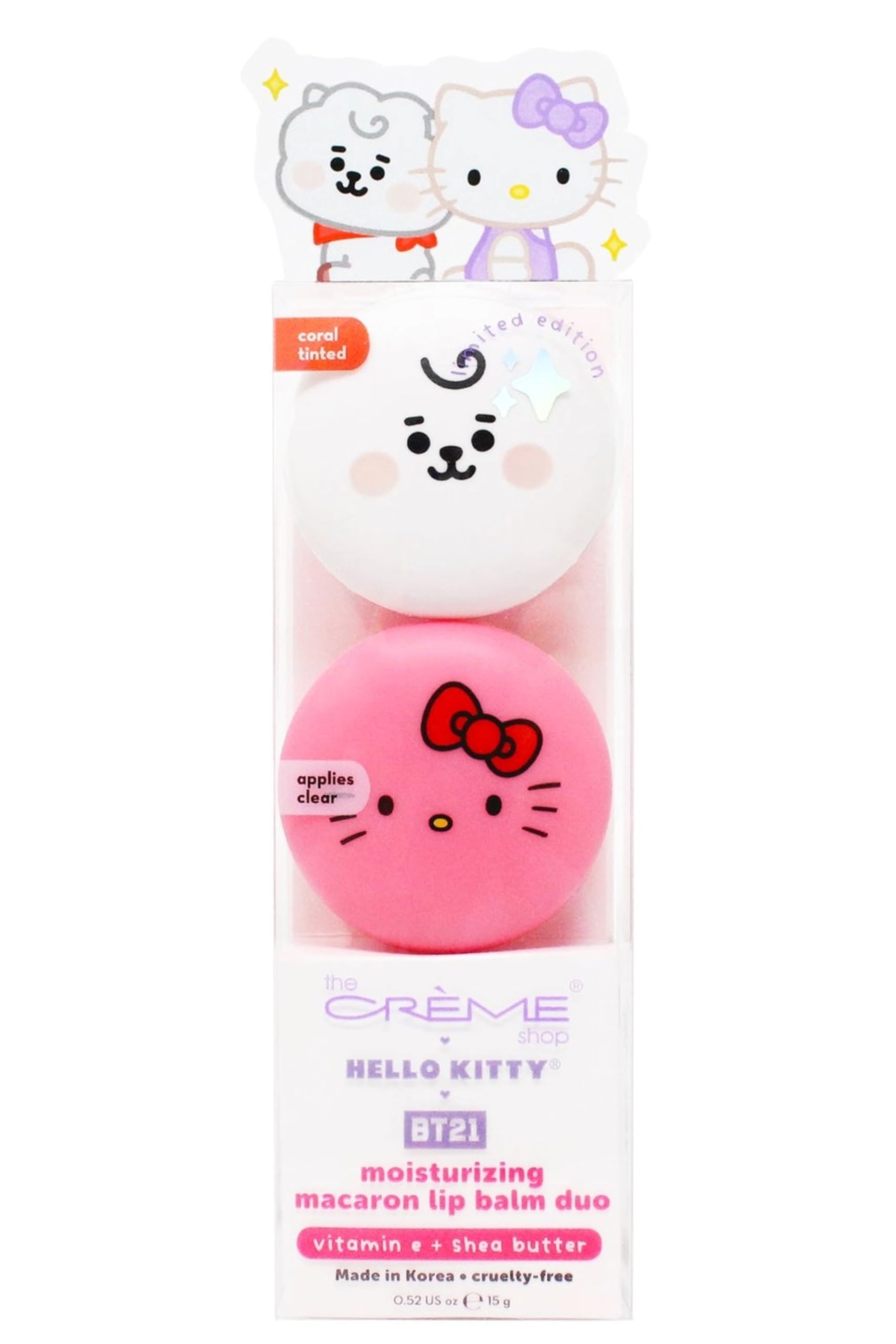 The Creme Shop Hello Kitty macaron lip balm pot with clear finish and bakery aroma.