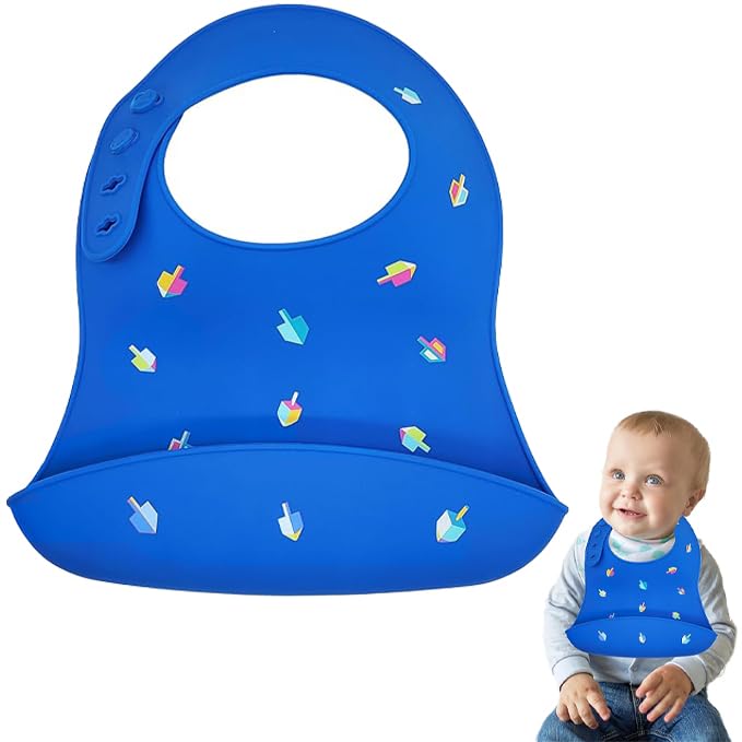 The Dreidel Company Hanukkah bib with Dreidel design for festive meals and mess control.