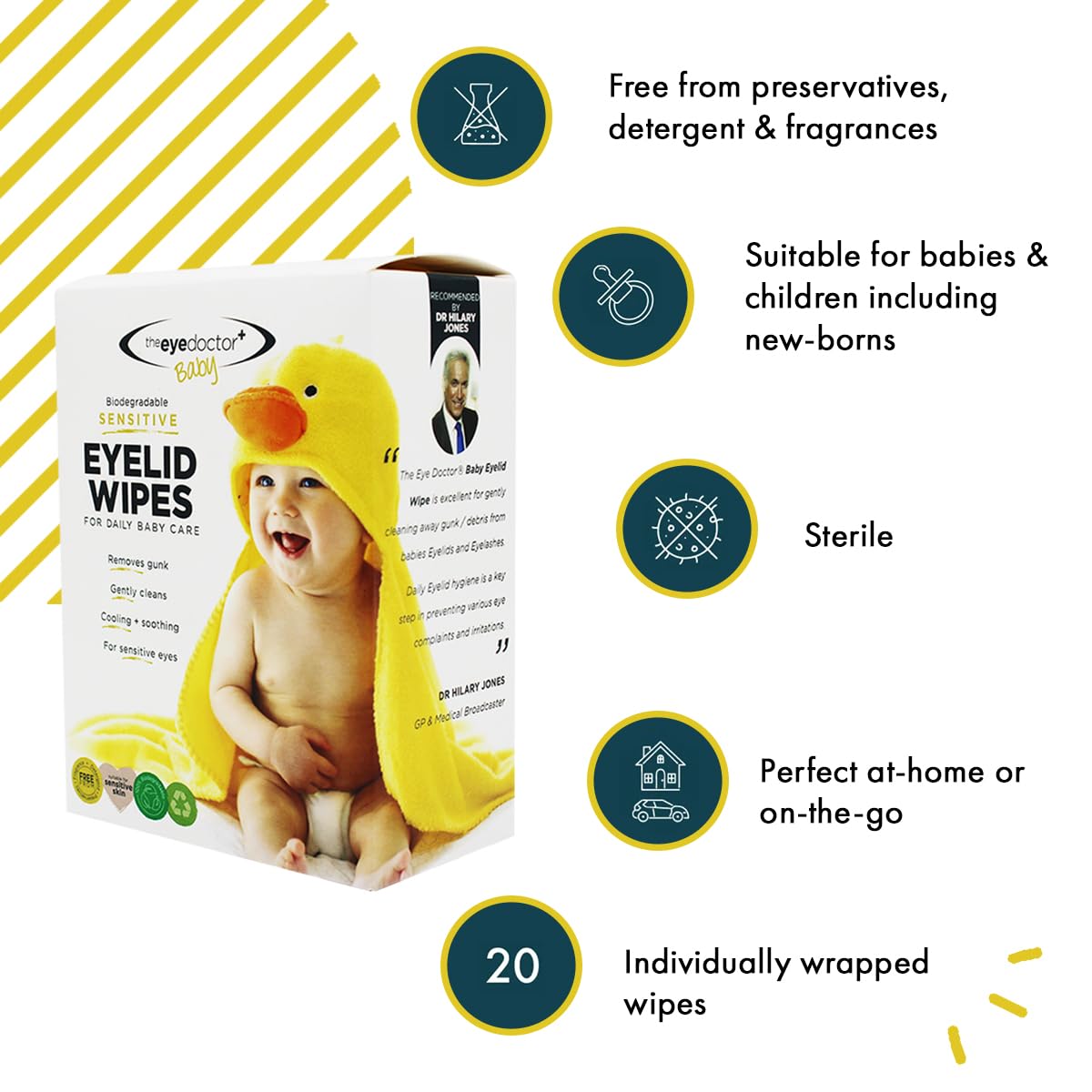 Sterile packaging ensures ready-to-use wipes for daily eye care near the eye area.