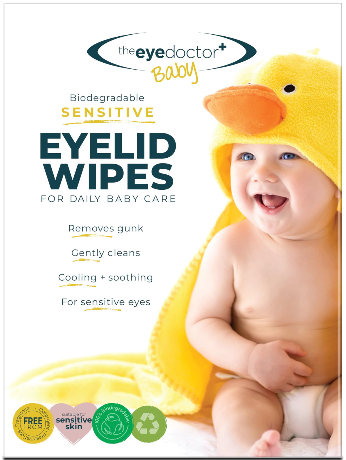 The Eye Doctor Sensitive Baby Eye Wipes in a 40-sachet pack for gentle cleaning around delicate eyes.