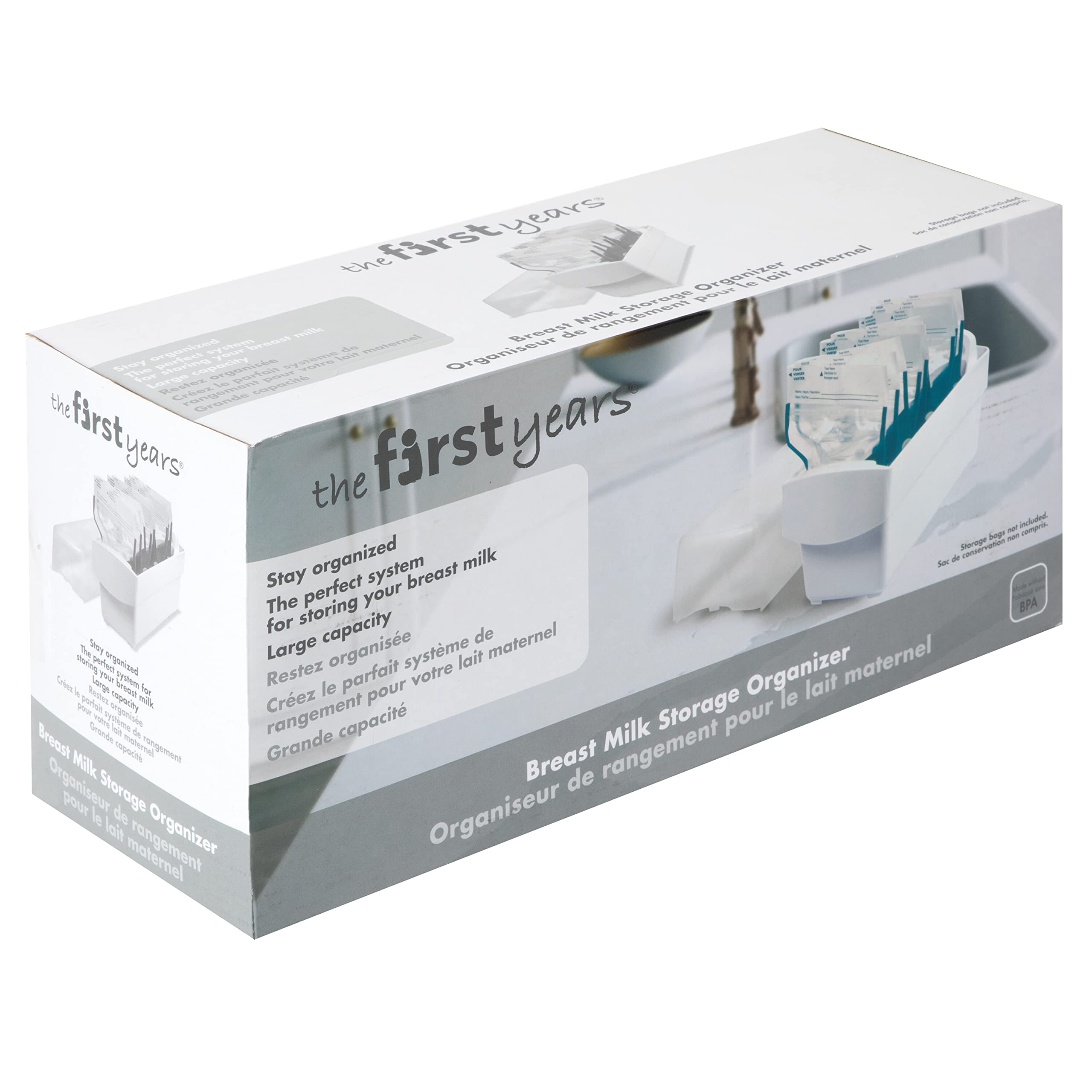 The First Years Breastflow flat-freeze design promotes even freezing and easy stacking.