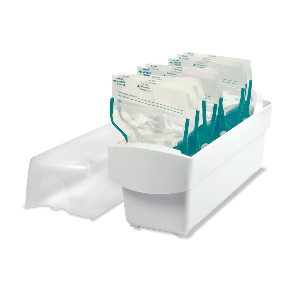 The First Years Breastflow freezer organizer front view keeps bags neatly arranged for quick access.